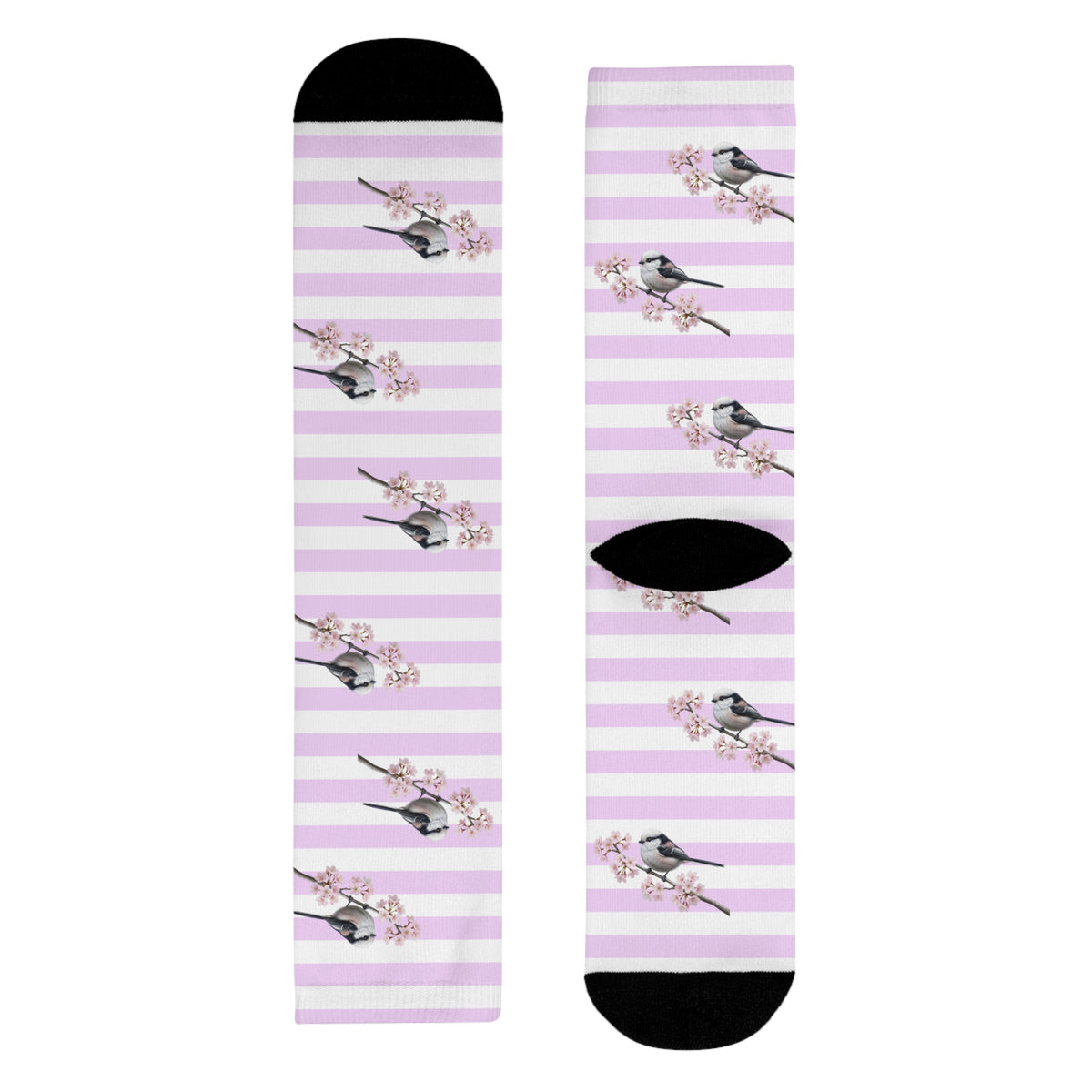 Schwanzmeise Socken – mit Kirschblüten | Weiß Rosa gestreifte Vogelmotiv Strümpfe