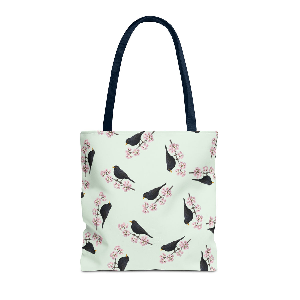 Amsel & Kirschblüten Tragetasche in Salbeigrün | Stofftasche Geschenk für Vogelbeobachter – Accessories,