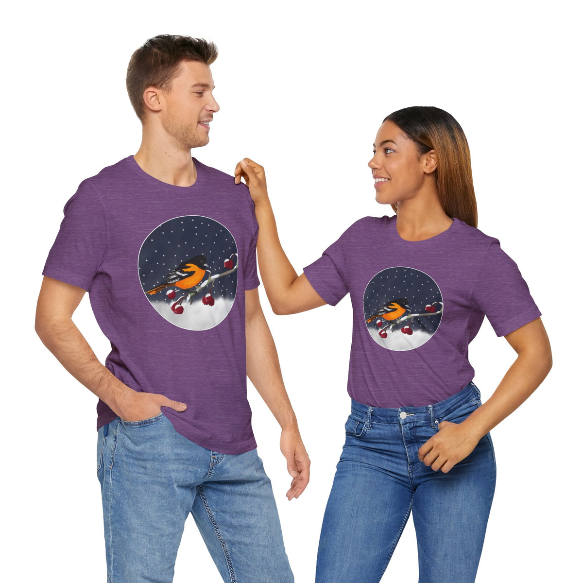 Baltimore Oriole on a Winter Branch Birdwatcher Christmas Bird T-Shirt