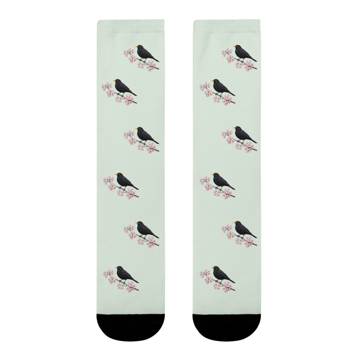 Amsel & Kirschblüten Socken in Salbeigrün | Weiche Baumwollmix-Socken für Naturfreunde
