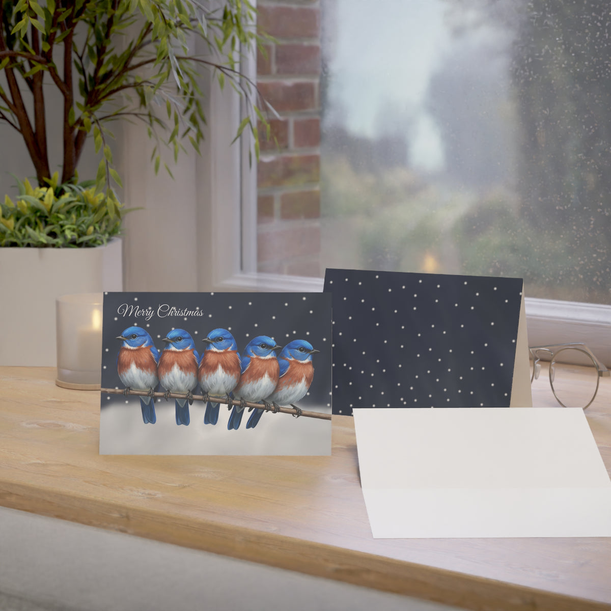 Bluebird Paper products – Bluebirds Bird Art Premium Christmas Card 7x5" | Double-Sided Matte Holiday Greeting