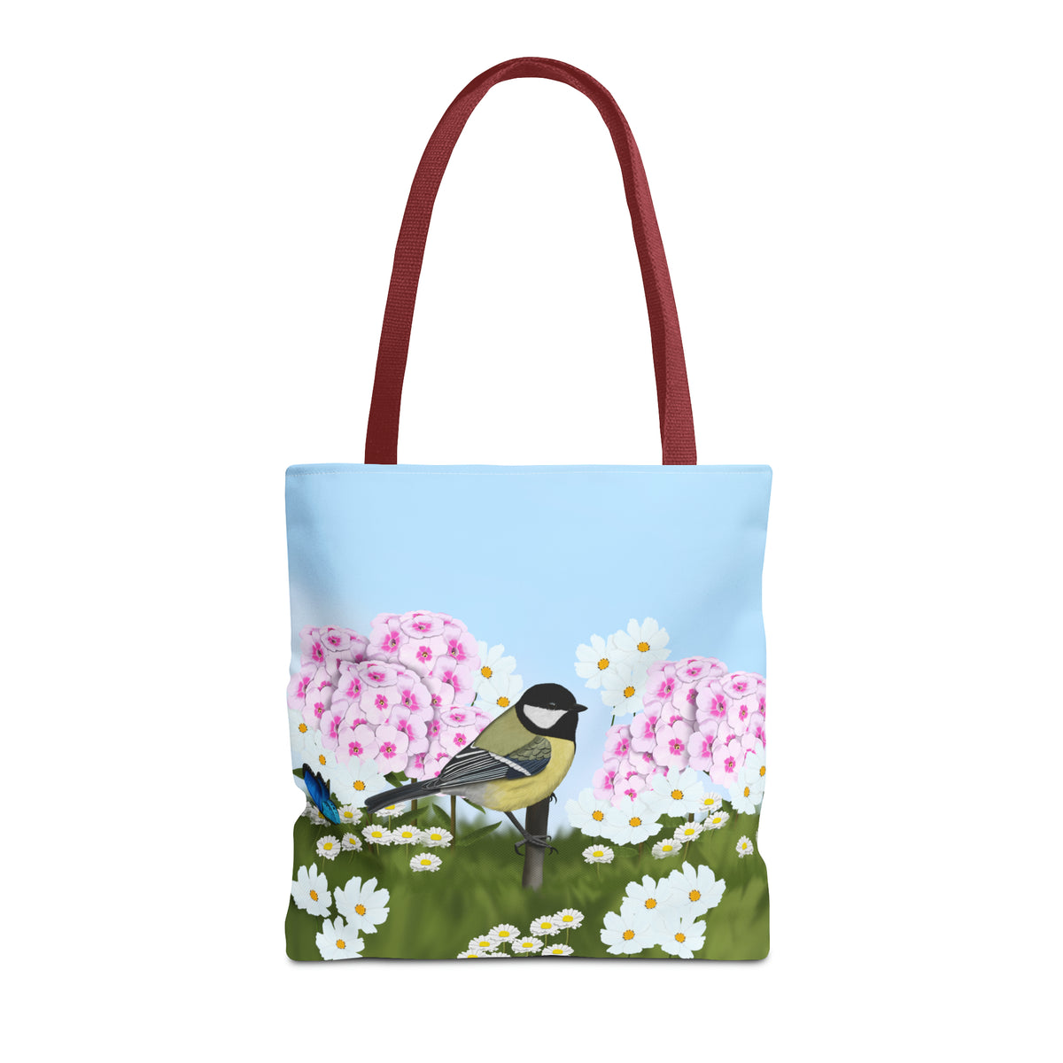 Chickadee in Summer Flowers Bird Tote Bag 16"x16" - jz.birds