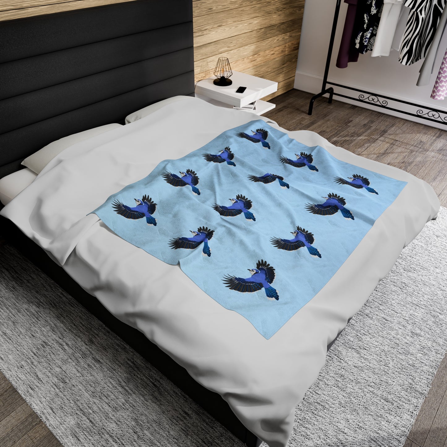 Blue Jay Backyard Bird Velveteen Plush Blanket Blue