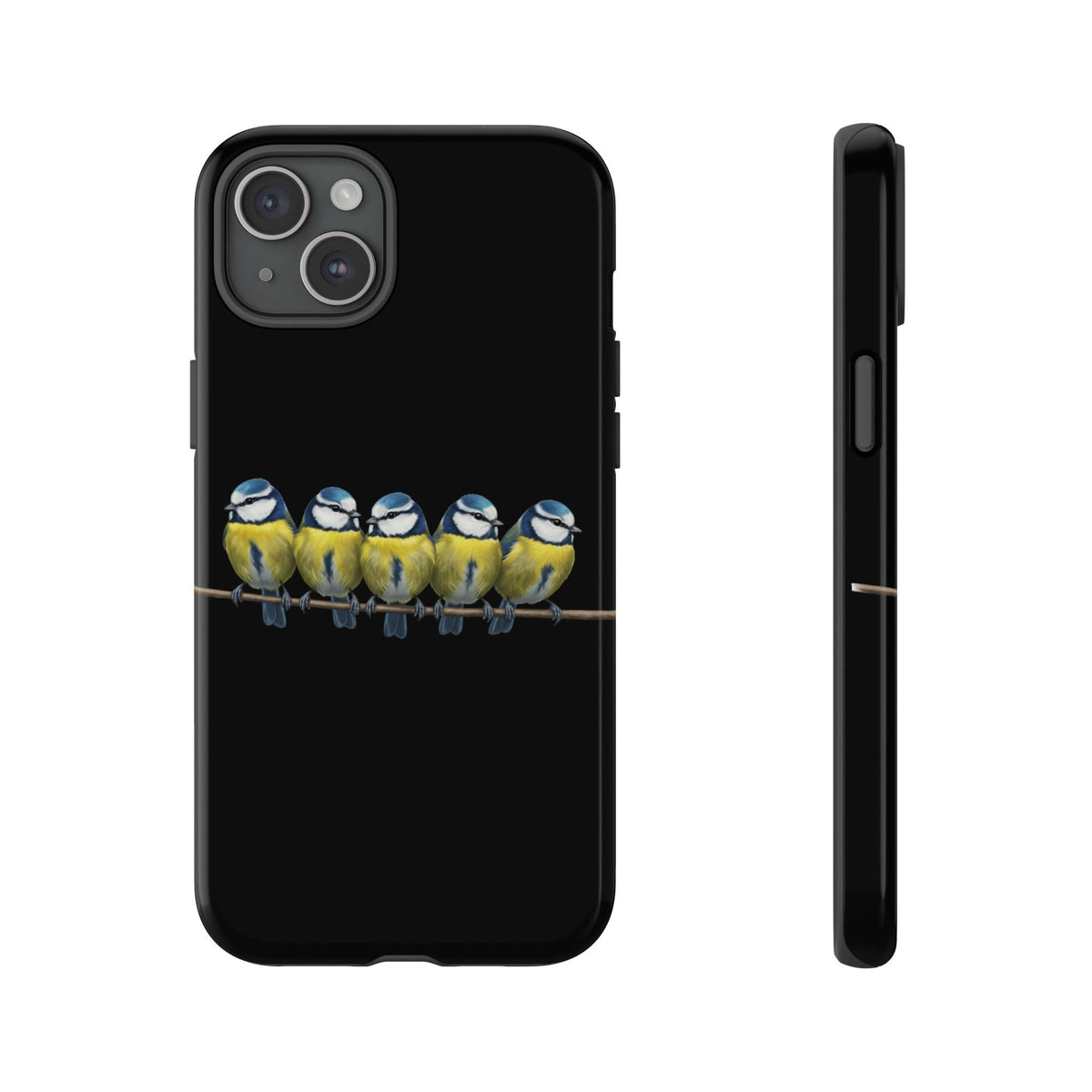 Funda premium para móvil de carbonero azul en una rama – Doble protección e impresión integral, negra
