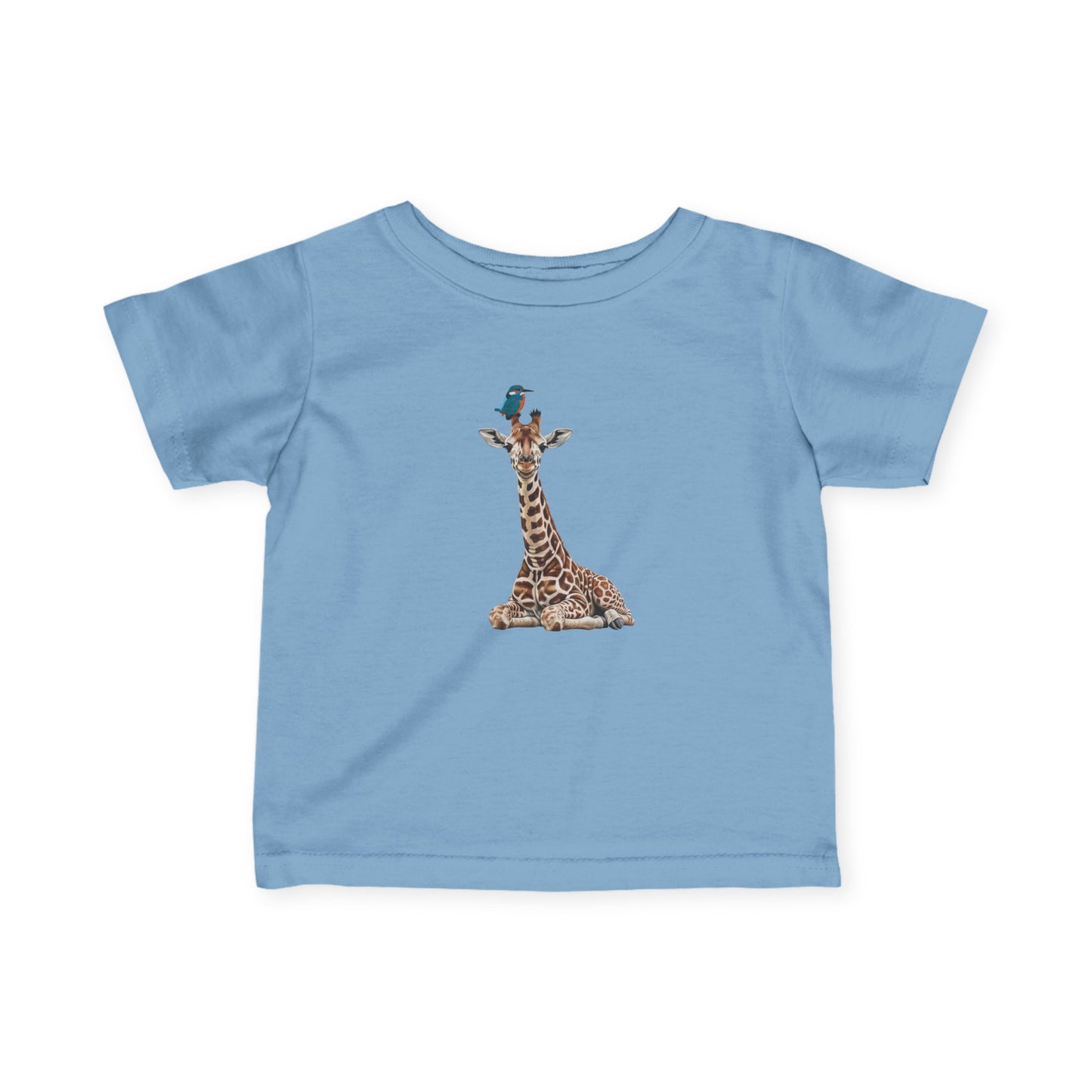 Süße Baby Giraffe mit Eisvogel Vogel Tiermotiv T-Shirt für Babys und Kleinkinder