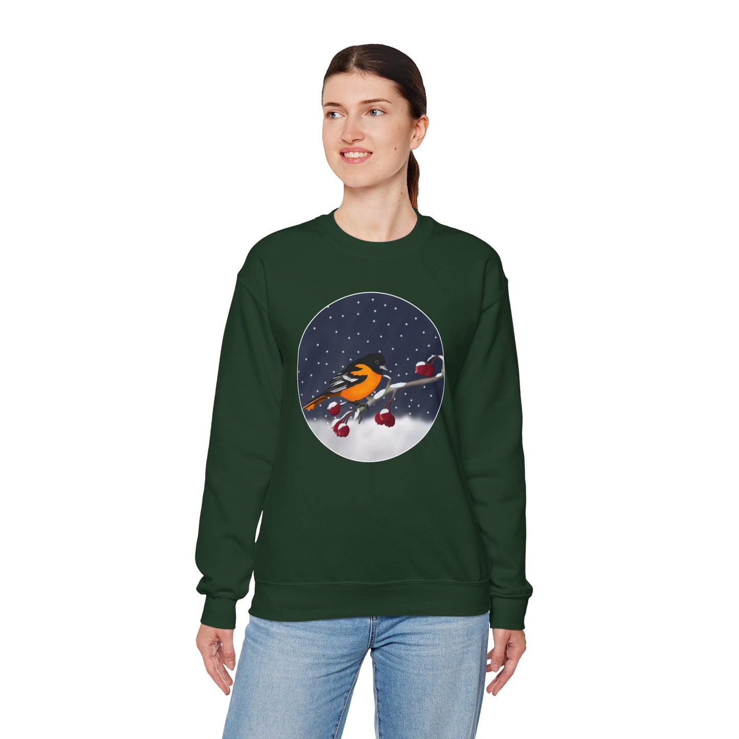 Baltimore Oriole on a Winter Branch Birdwatcher Christmas Bird Sweatshirt