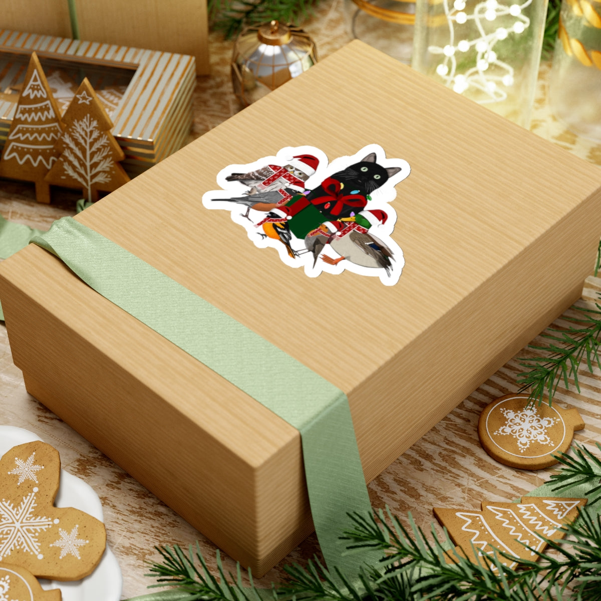 Robin Oriole Mallard Owl and Cat with Fairy Lights Santa Claus Hat and Scarf Christmas Bird Sticker