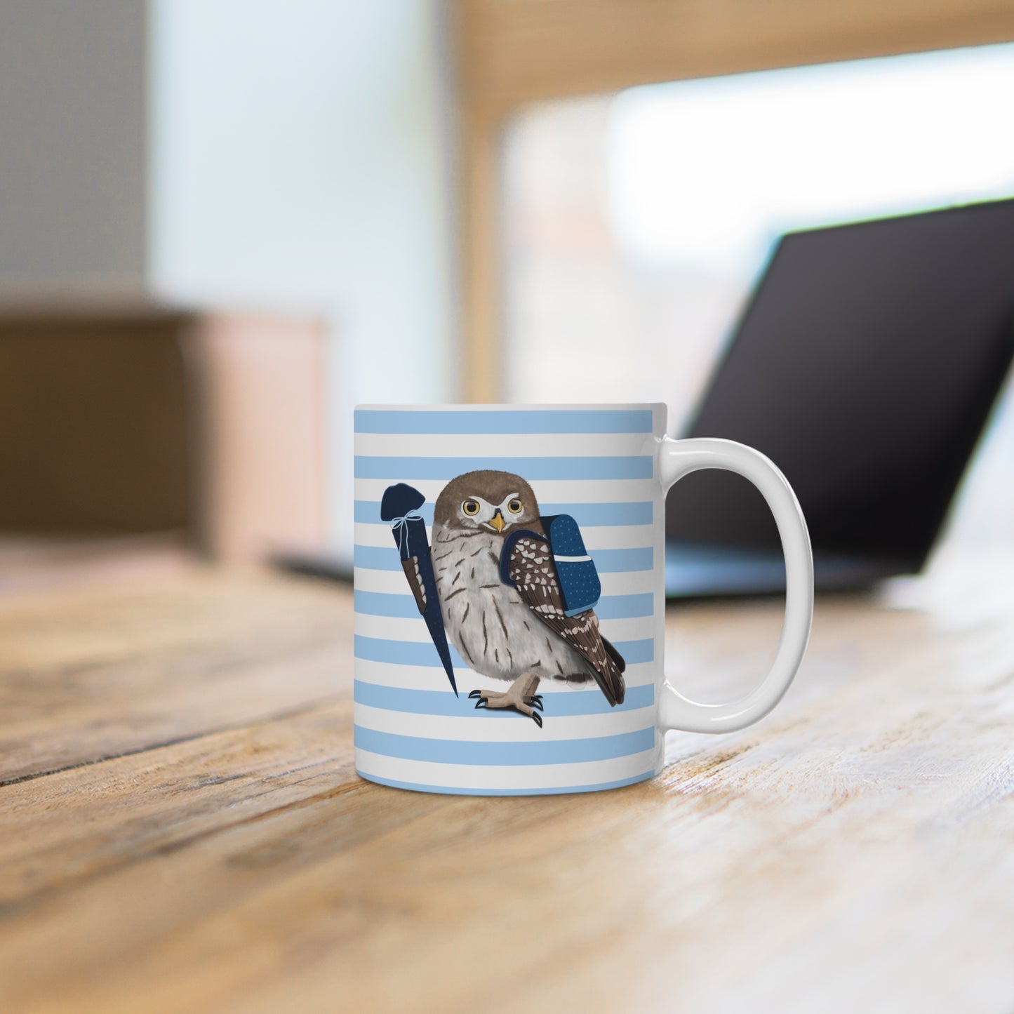 Eule Vogel Tasse als Geschenk zur Einschulung Blau Weiß