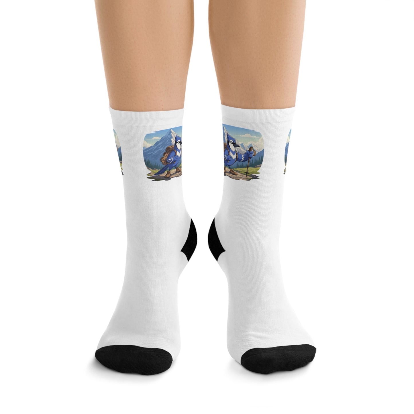 Blue Jay on a Hike Bird Socks White for Bird and Hiking Lovers One Size