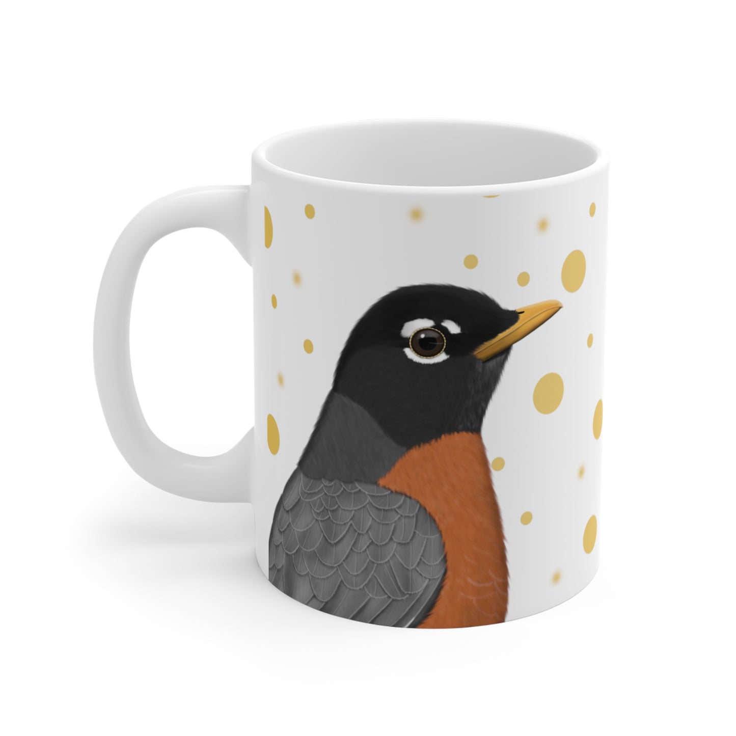Robin Bird Ceramic Mug White Golden Dots 11oz