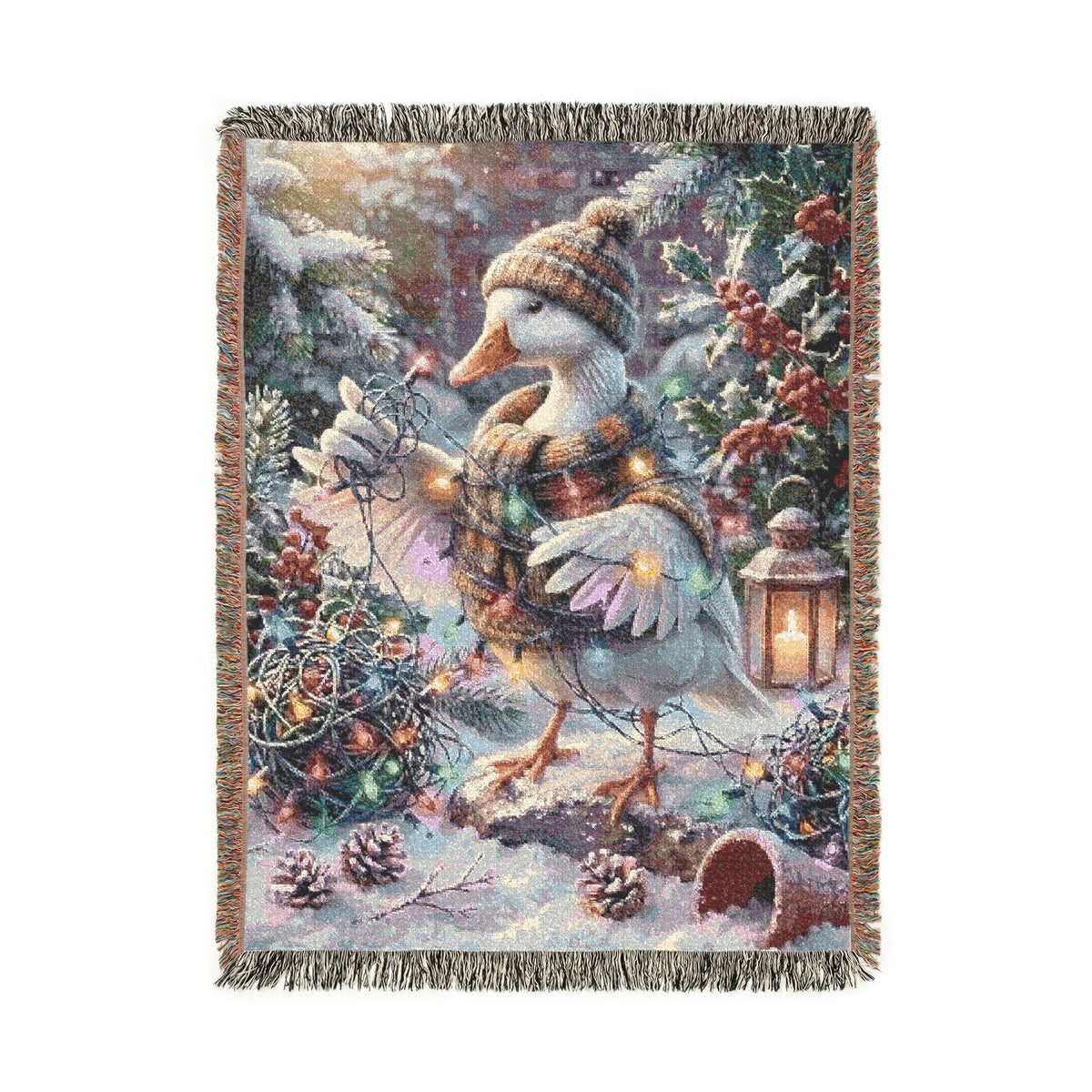 A rectangular woven throw blanket with fringed edges, featuring a festive winter scene with a white goose wrapped in a striped scarf, evergreen branches, pinecones, a lantern, and warm string lights on a white background.