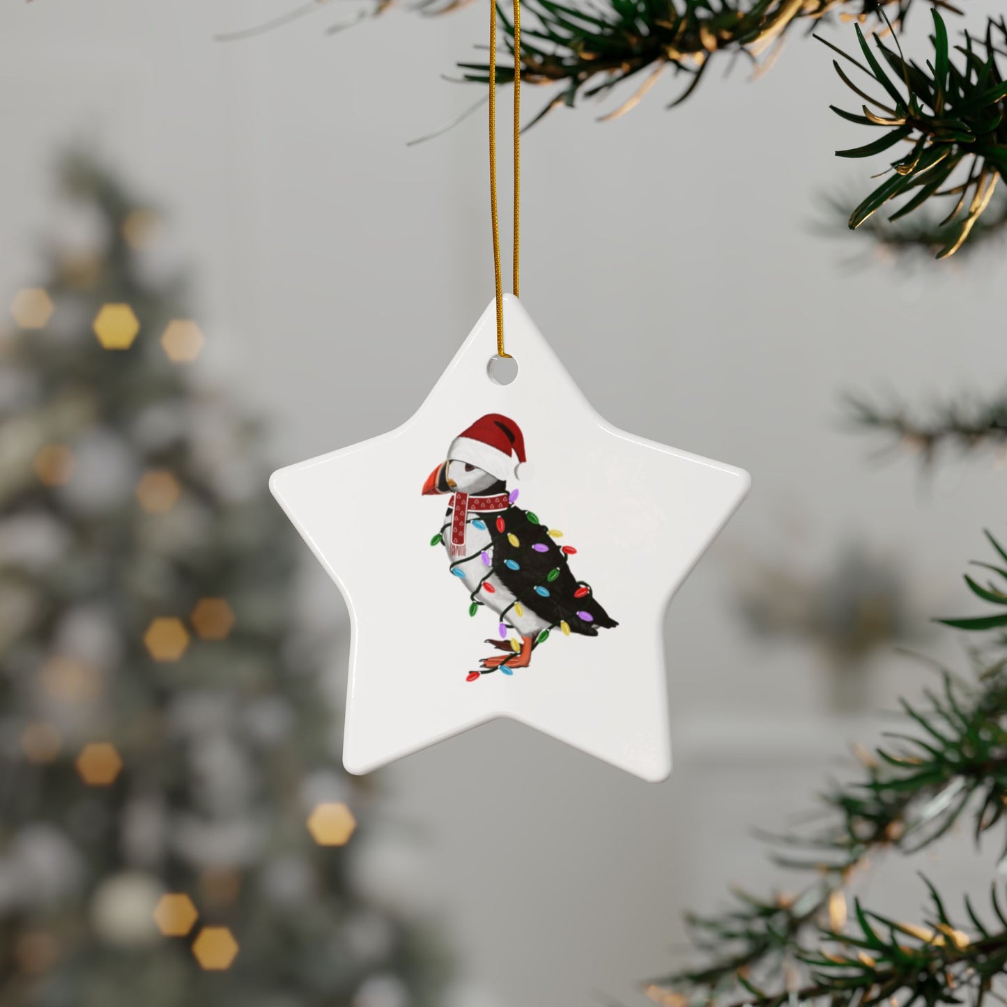 Puffin as Santa Ceramic Bird Christmas Ornament | Durable Double-Sided Bird Lover Decor