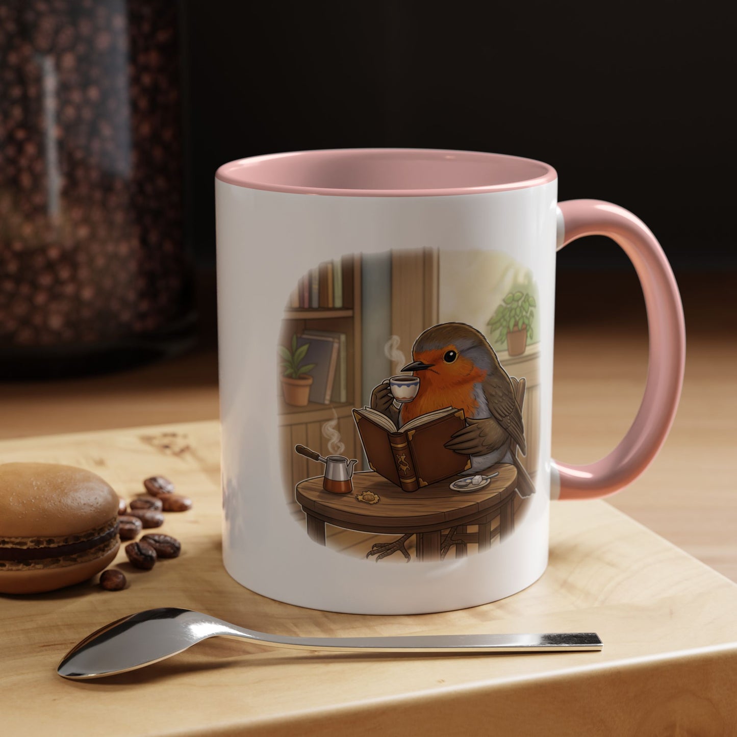 Robin Reads Books and Drinks Coffee Bird Mug for Bird and Book Lovers