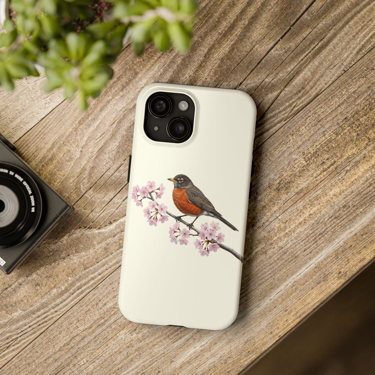 American Robin & Cherry Blossom Tough iPhone Case Creamy White