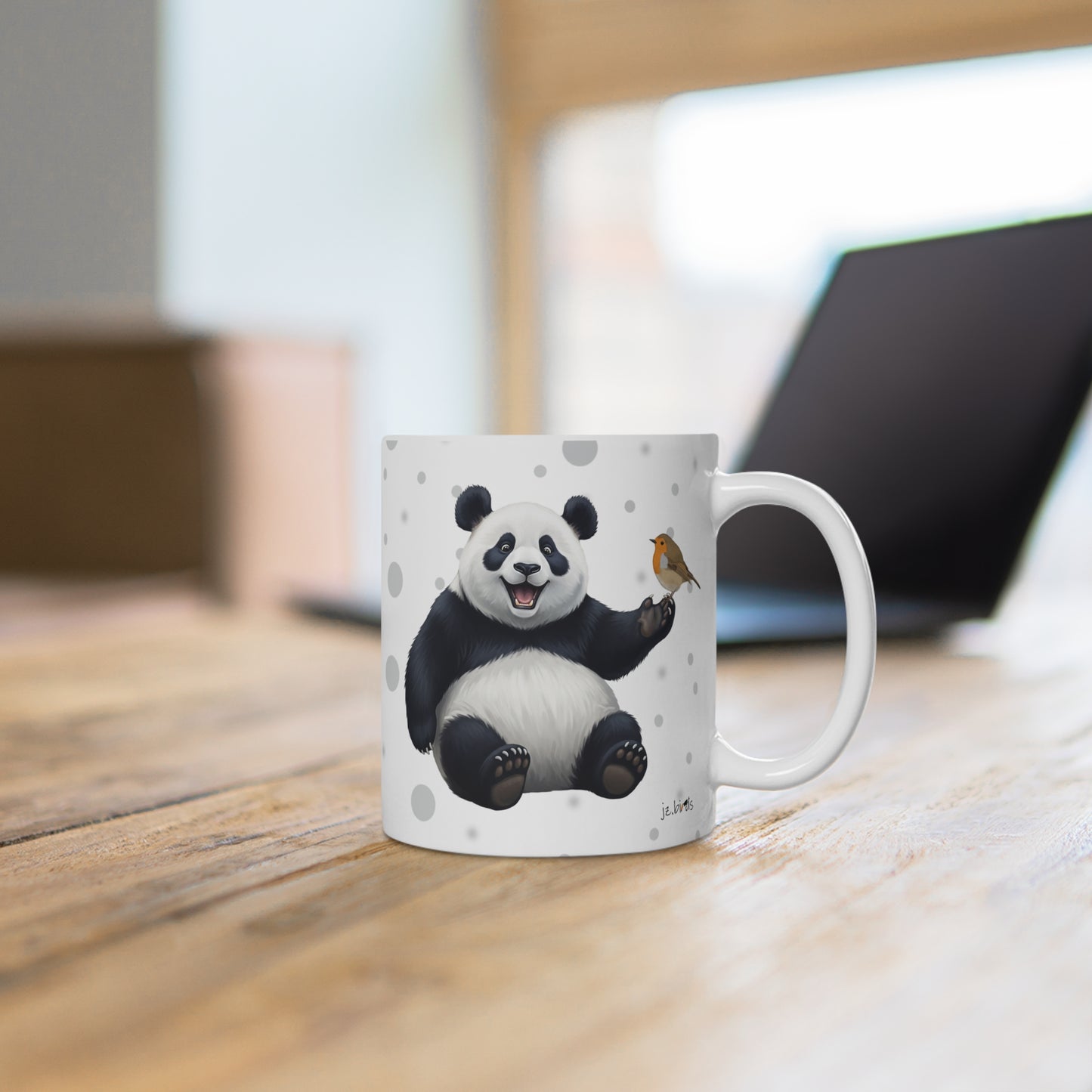 Rotkehlchen mit einem fröhlichen Panda Vogel Tiermotiv Tasse Punkte Grau