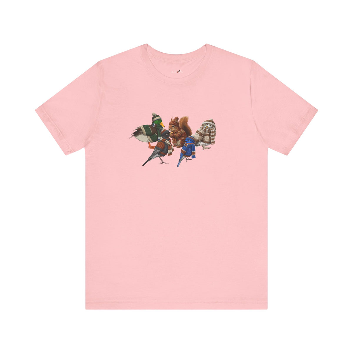 Funny Winter T-Shirt: The Cozy Backyard Squad in Knitted Sweaters T-Shirt on bird lover background