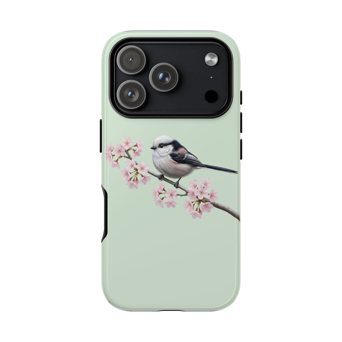 Funda para móvil de carbonero común en verde salvia | Motivo floral de pájaro y flores de cerezo para iPhone y Google Pixel