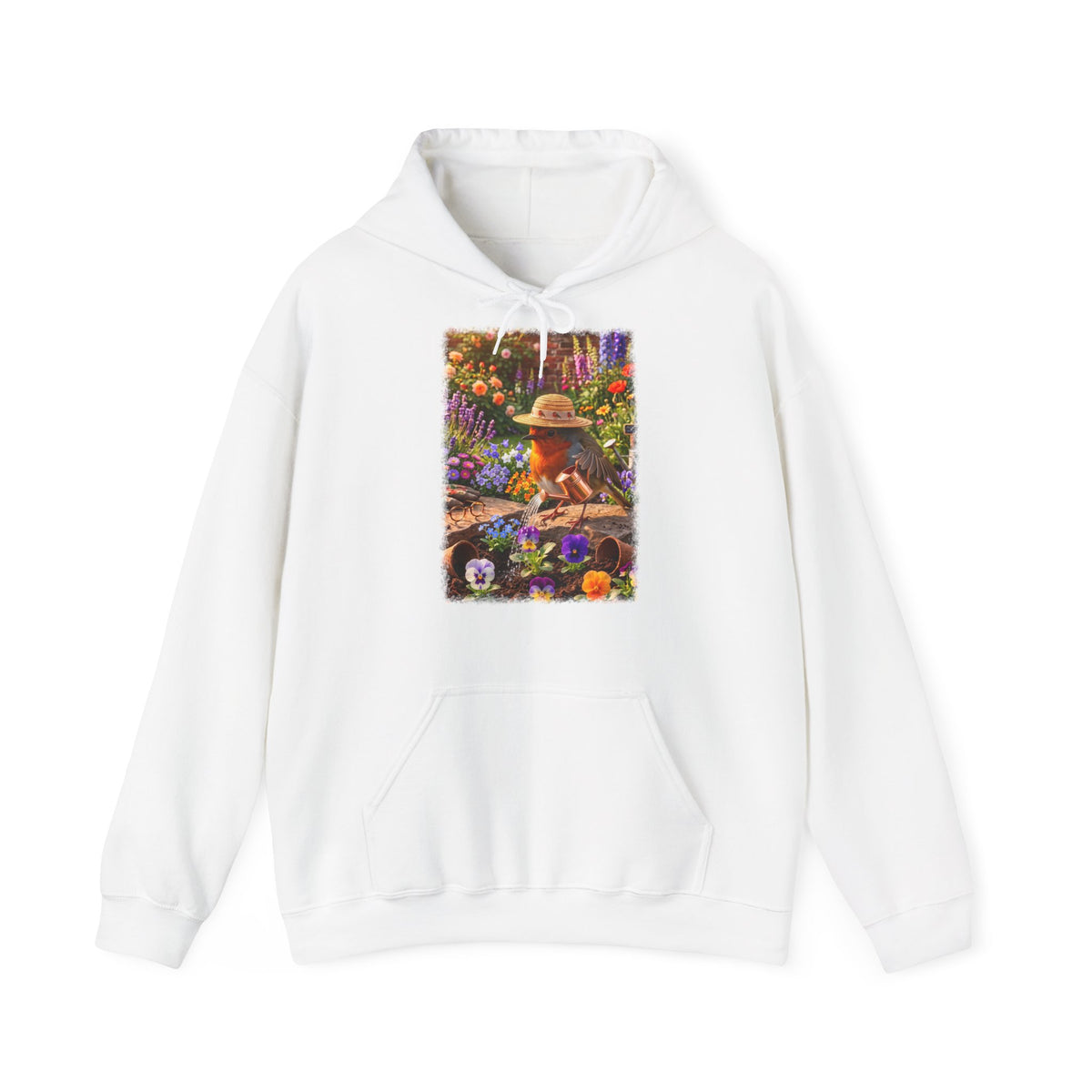 Niedlicher Rotkehlchen Hoodie beim Blumen gießen | Gemütlicher Garten-Kapuzenpullover