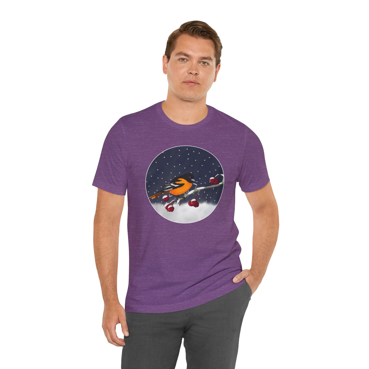 Baltimore Oriole on a Winter Branch Birdwatcher Christmas Bird T-Shirt