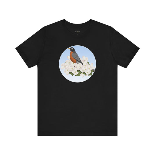 american robin bird t-shirt with spring blossoms