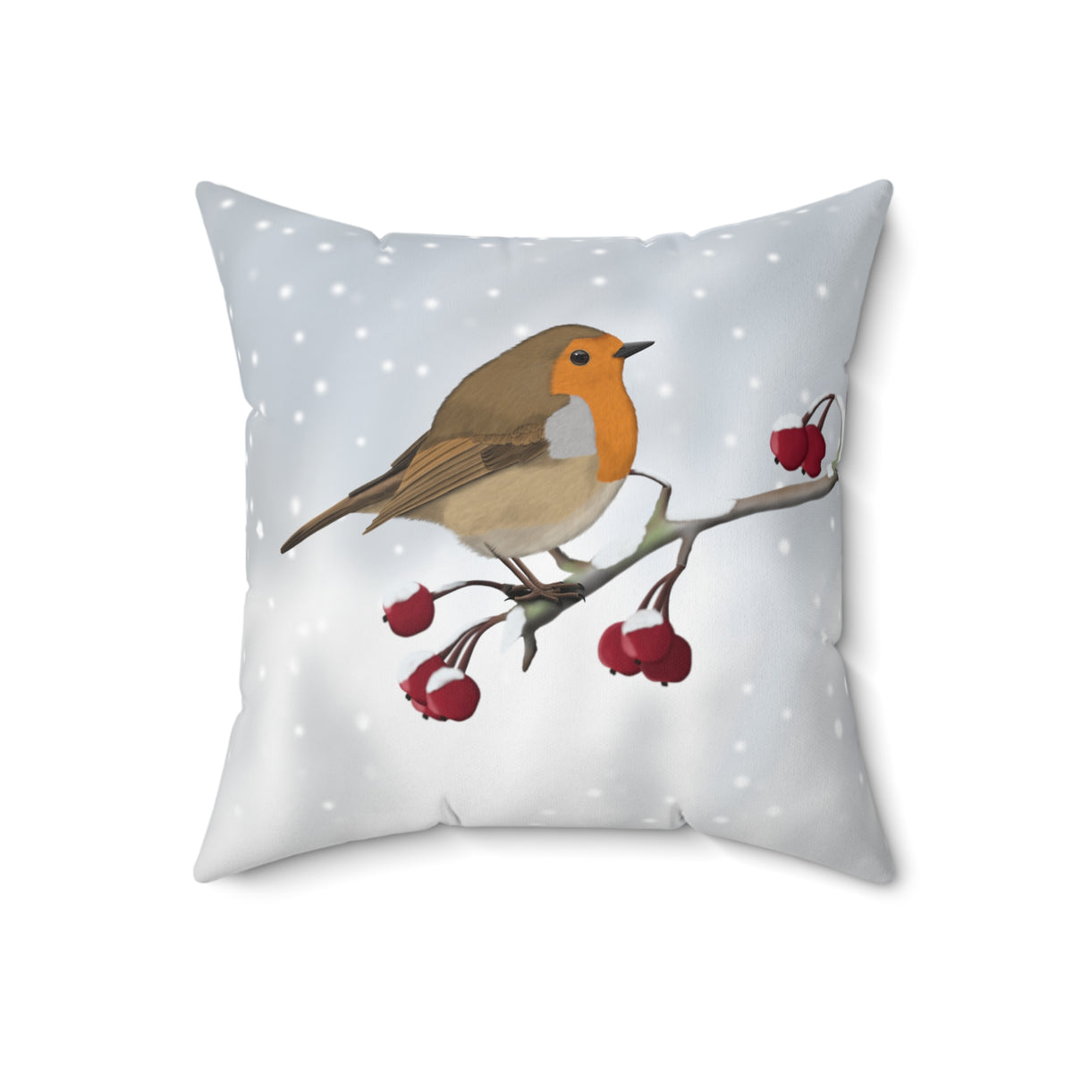 Robin on a Winter Branch Bird Throw Pillow 16"x16" - jz.birds