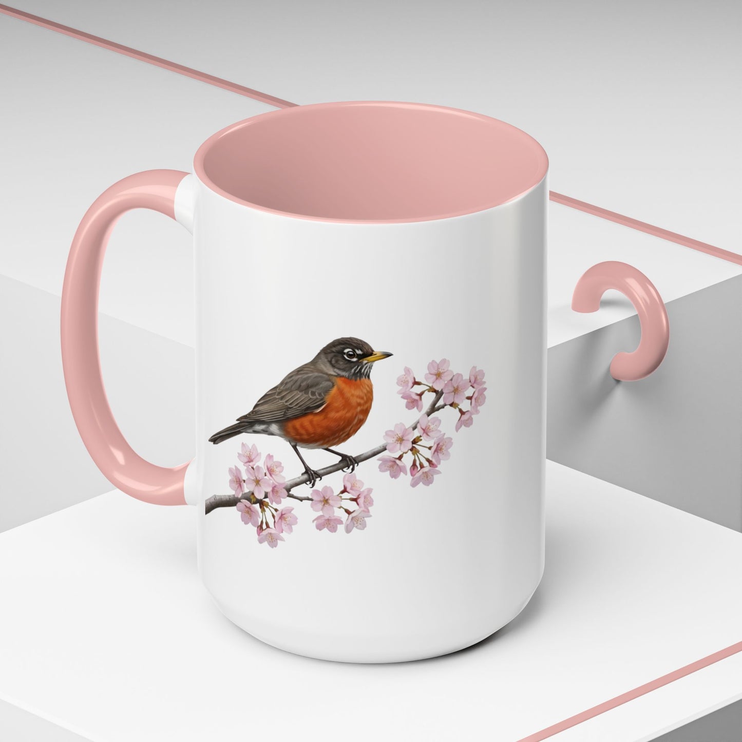 American Robin Cherry Blossom Mug | Pink Ceramic Coffee Cup for Bird Lovers