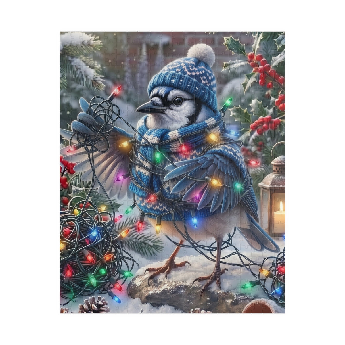 A festive winter illustration of a blue jay wearing a blue knit hat and matching scarf, surrounded by colorful Christmas string lights, snow, holly, and a lantern.