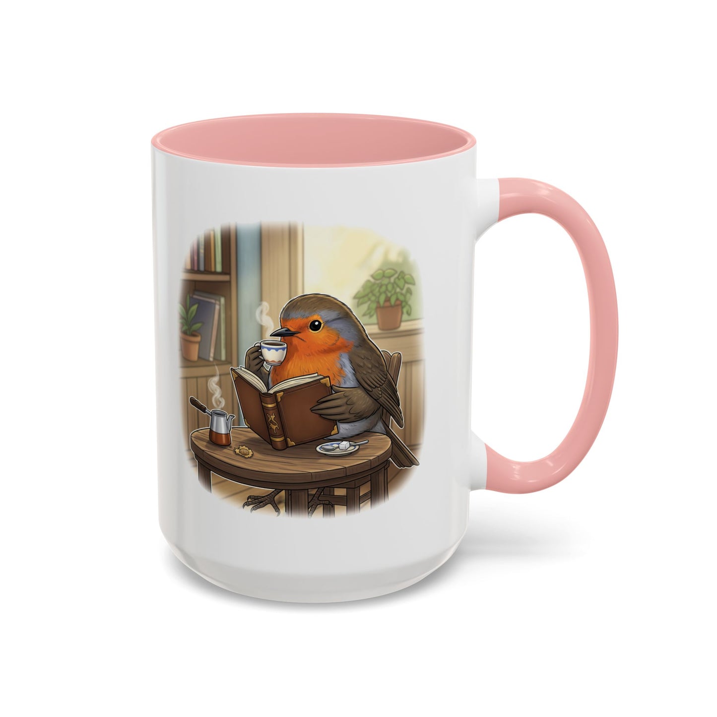 Robin Reads Books and Drinks Coffee Bird Mug for Bird and Book Lovers