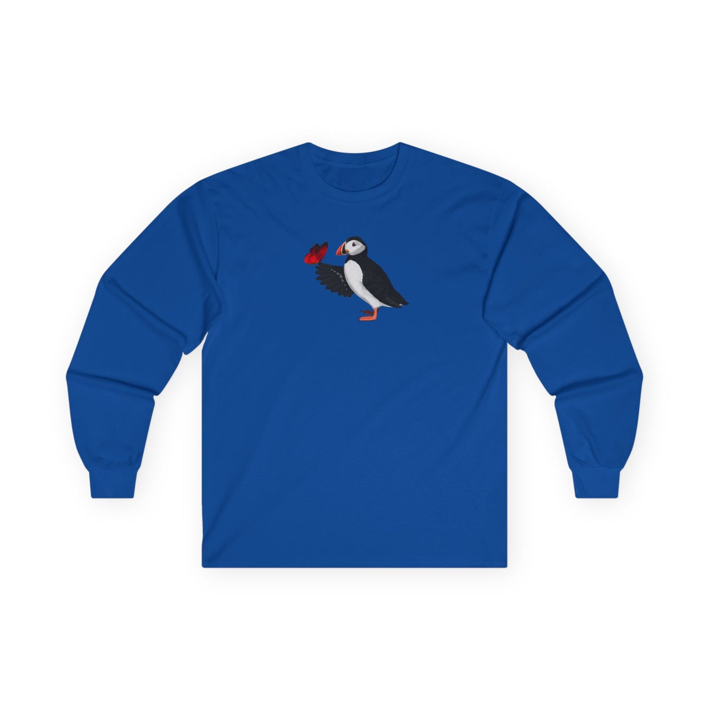 Puffin with Butterfly Birding & Birdwatching Bird Cotton Long Sleeve T-Shirt