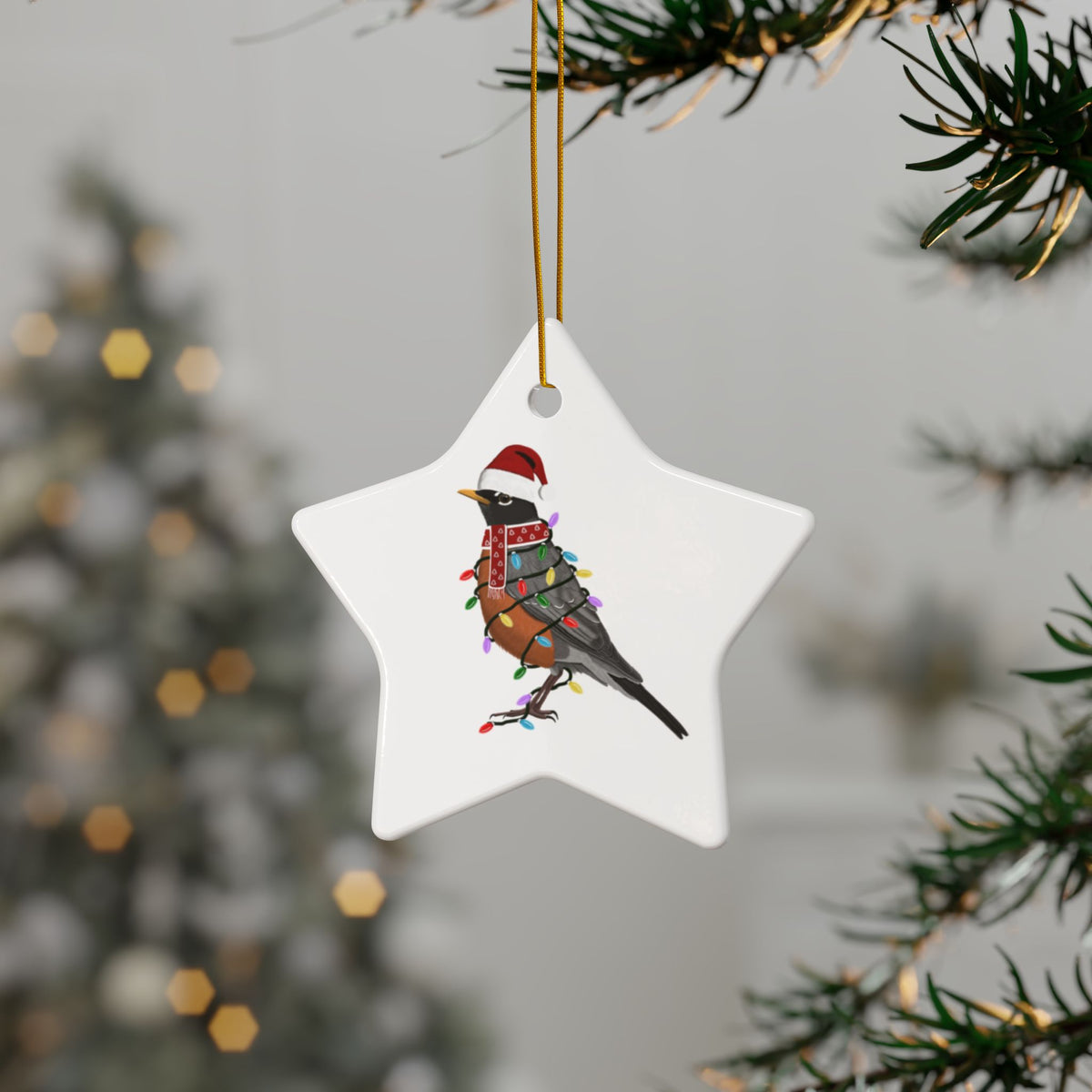 American Robin as Santa Ceramic Bird Christmas Ornament | Durable Double-Sided Bird Lover Decor