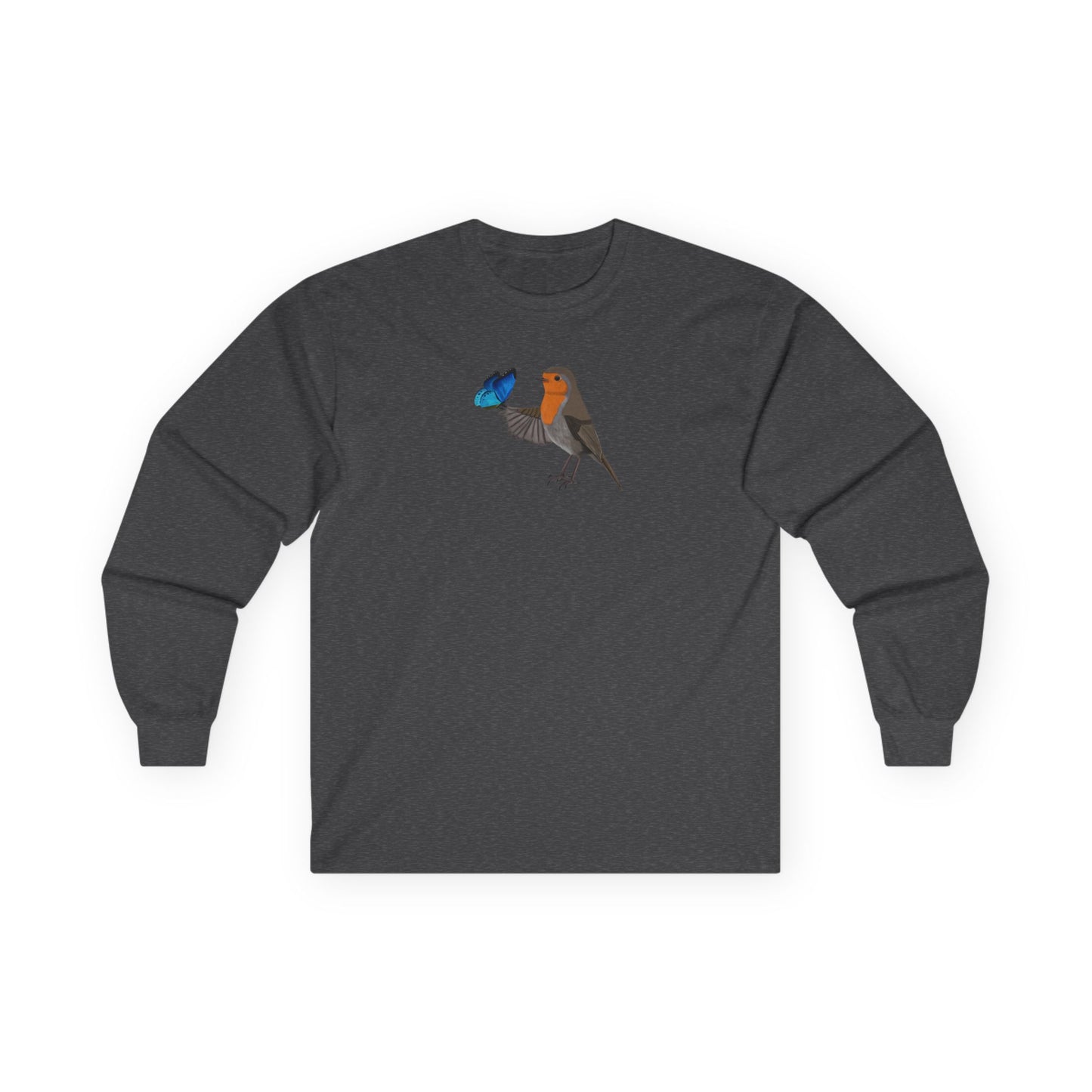 Robin with Butterfly Birding & Birdwatching Bird Cotton Long Sleeve T-Shirt