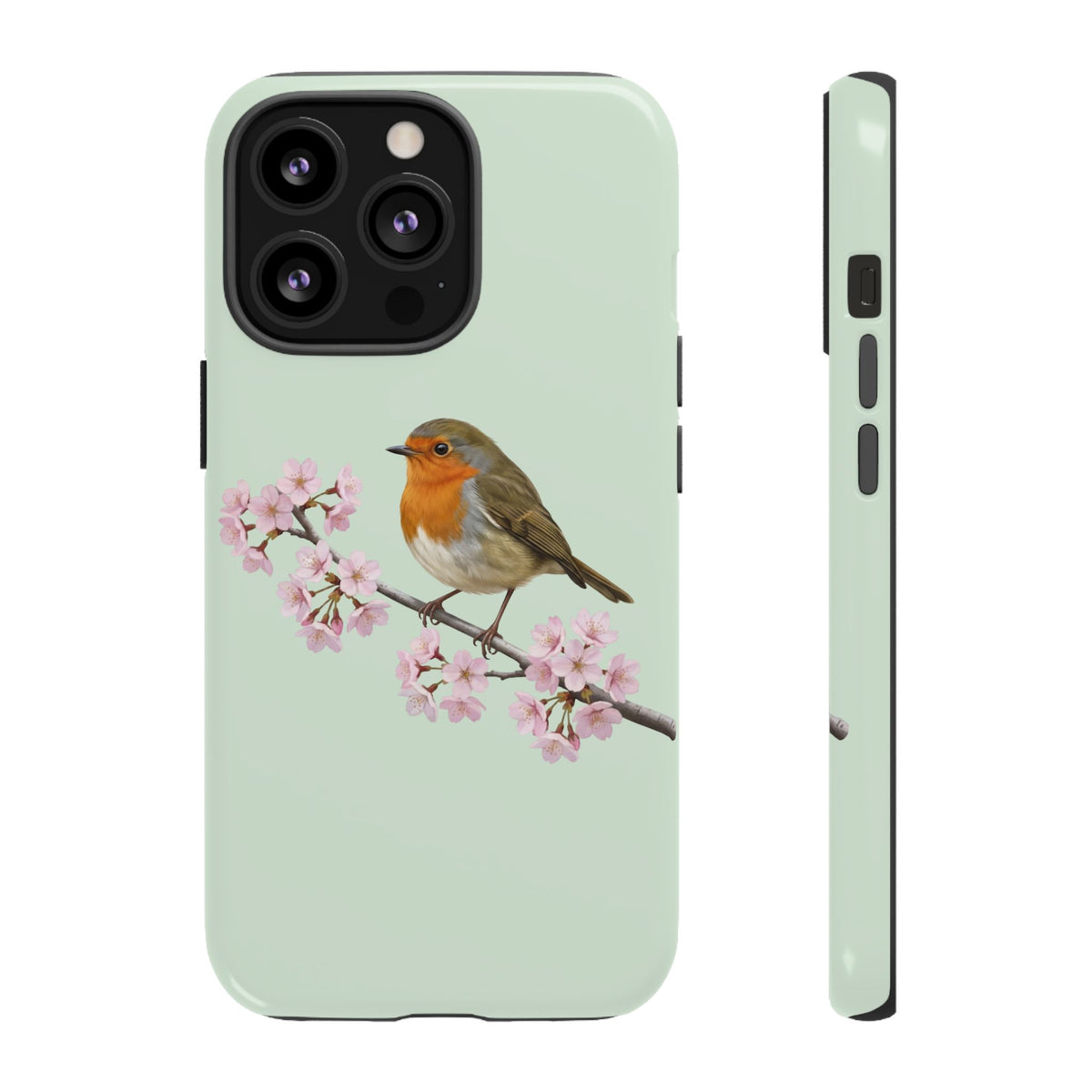 Coque de téléphone Robin vert sauge | Motif floral avec fleurs de cerisier et oiseau pour iPhone et Google Pixel