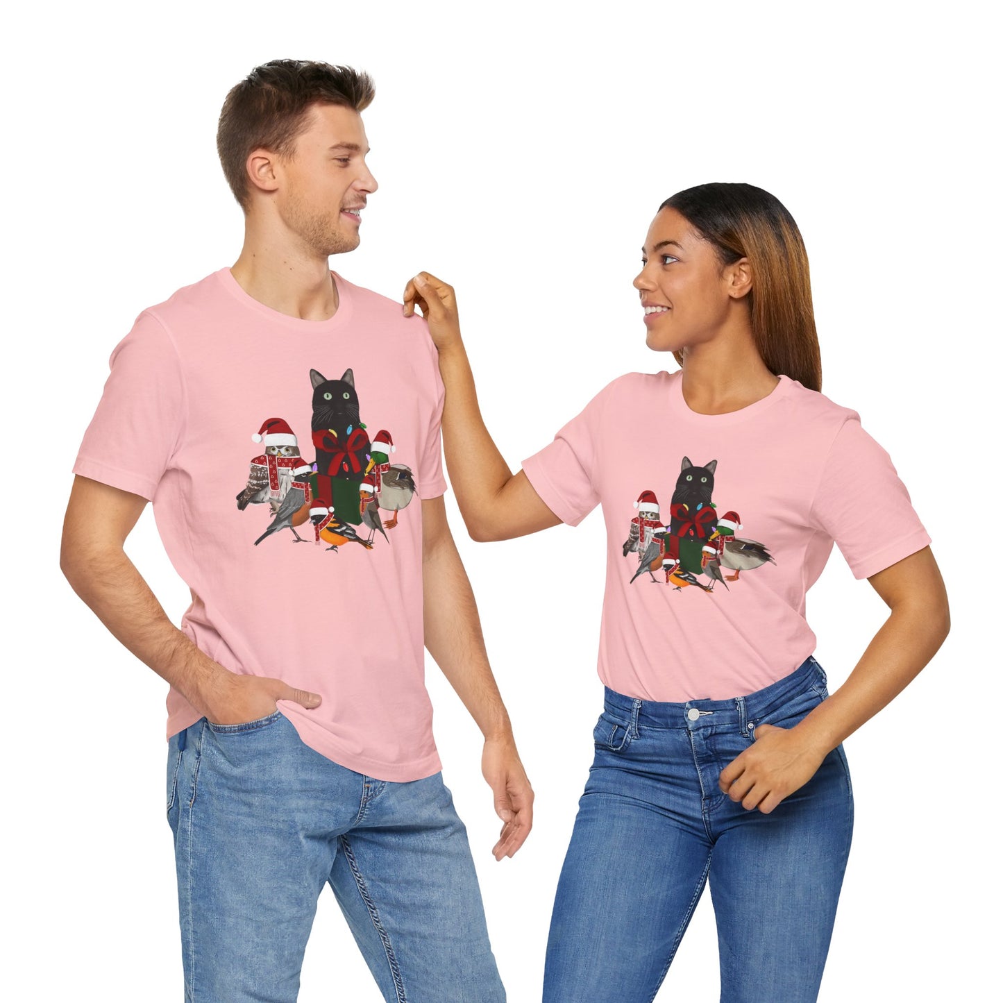 Robin Mallard Oriole Owl with Cat in a Box and Fairy Lights Christmas Bird T-Shirt