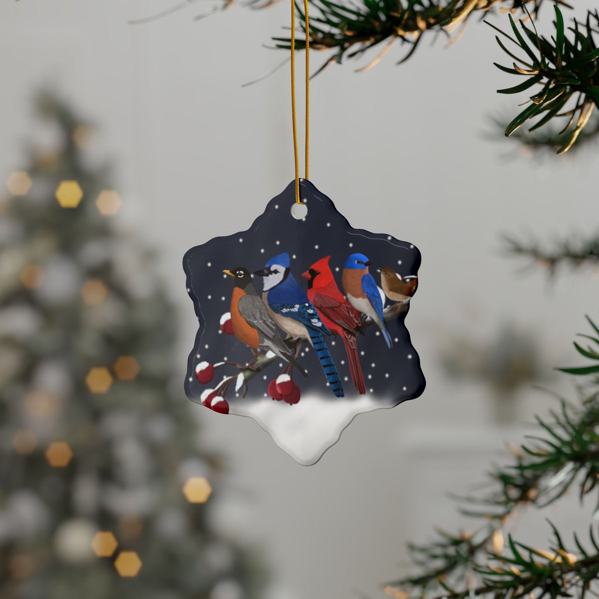 Birds on a Branch Ceramic Christmas Ornament | Durable Double-Sided Bird Lover Decor