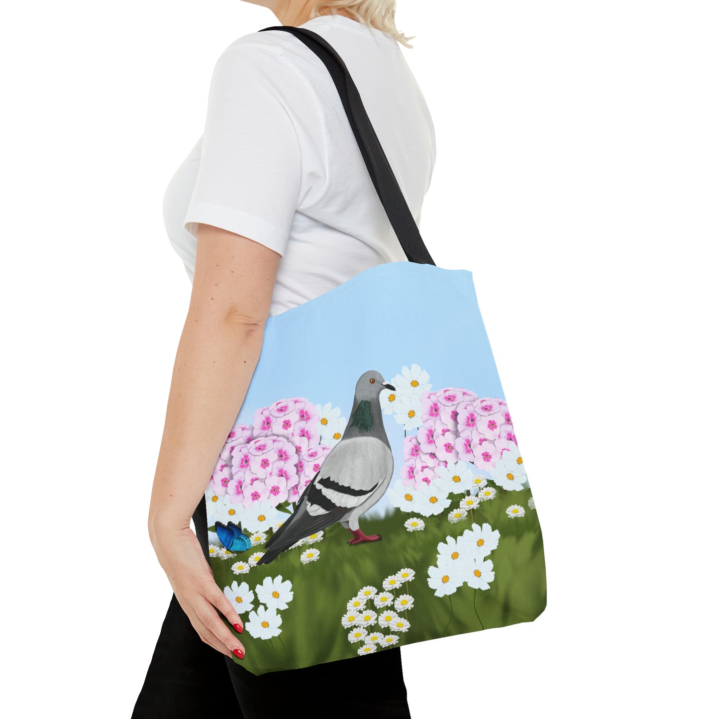 Pigeon in Summer Flowers Bird Tote Bag 16"x16" - jz.birds