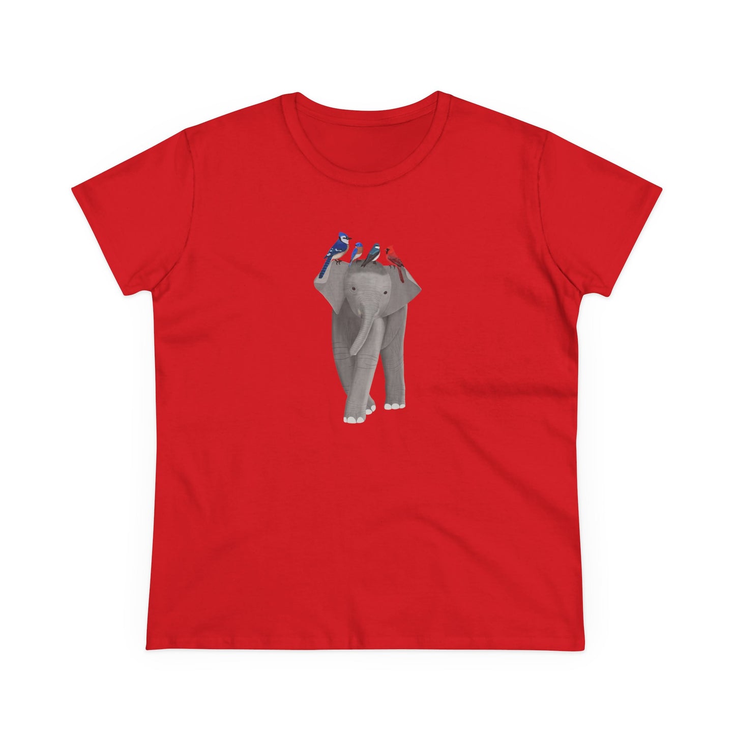 Elephant with Birds Blue Jay Cardinal Bluebird Design for Birdwatchers and Bird Lovers Women's T-Shirt