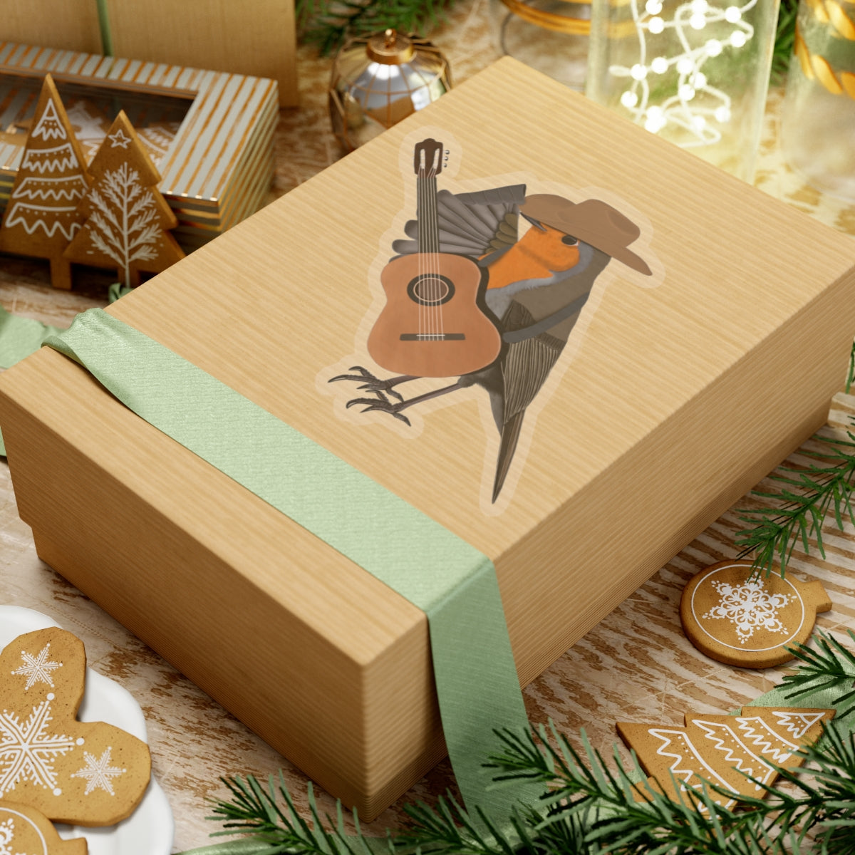 Robin with Cowboy Hat and Guitar Country Music Bird Kiss-Cut Sticker