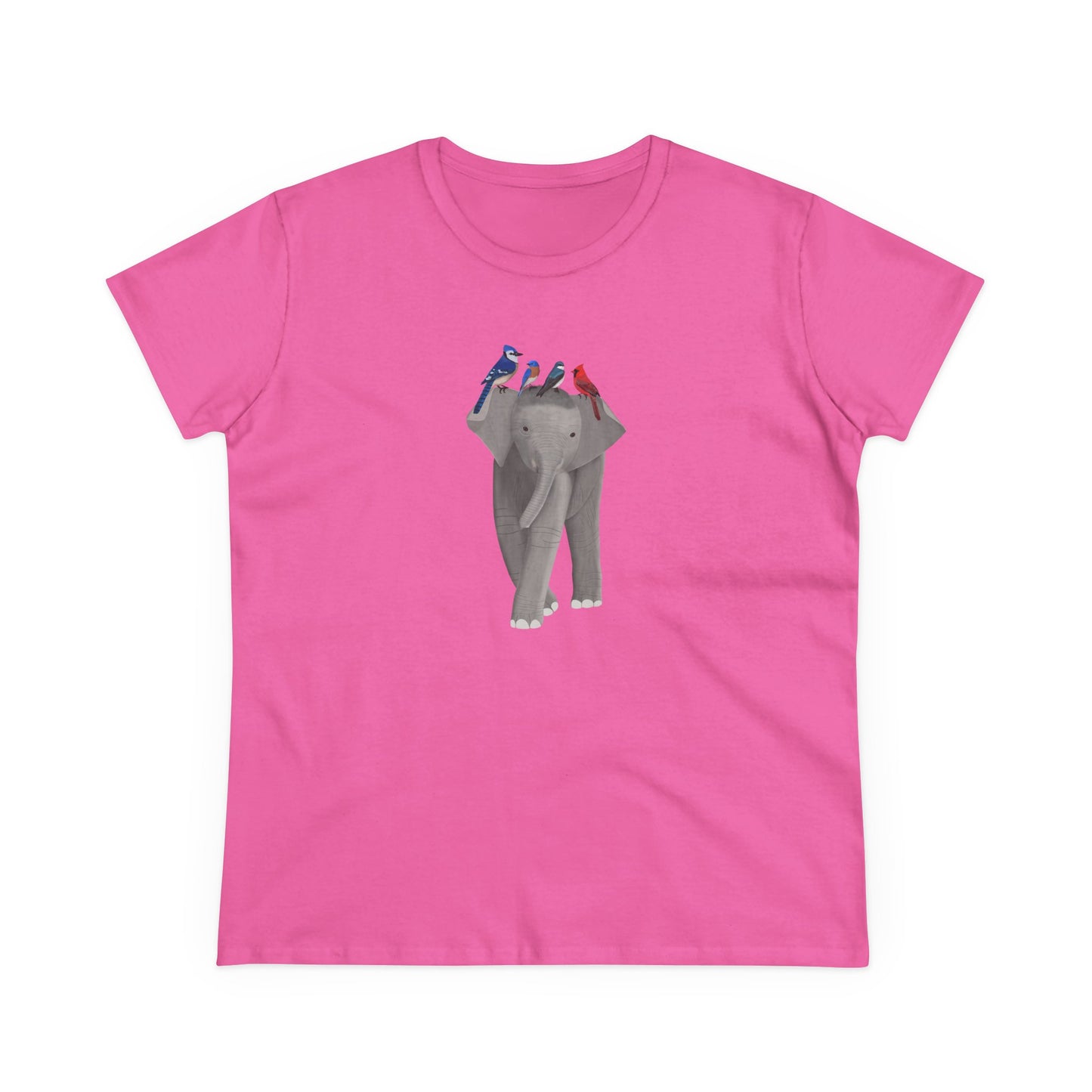 Elephant with Birds Blue Jay Cardinal Bluebird Design for Birdwatchers and Bird Lovers Women's T-Shirt