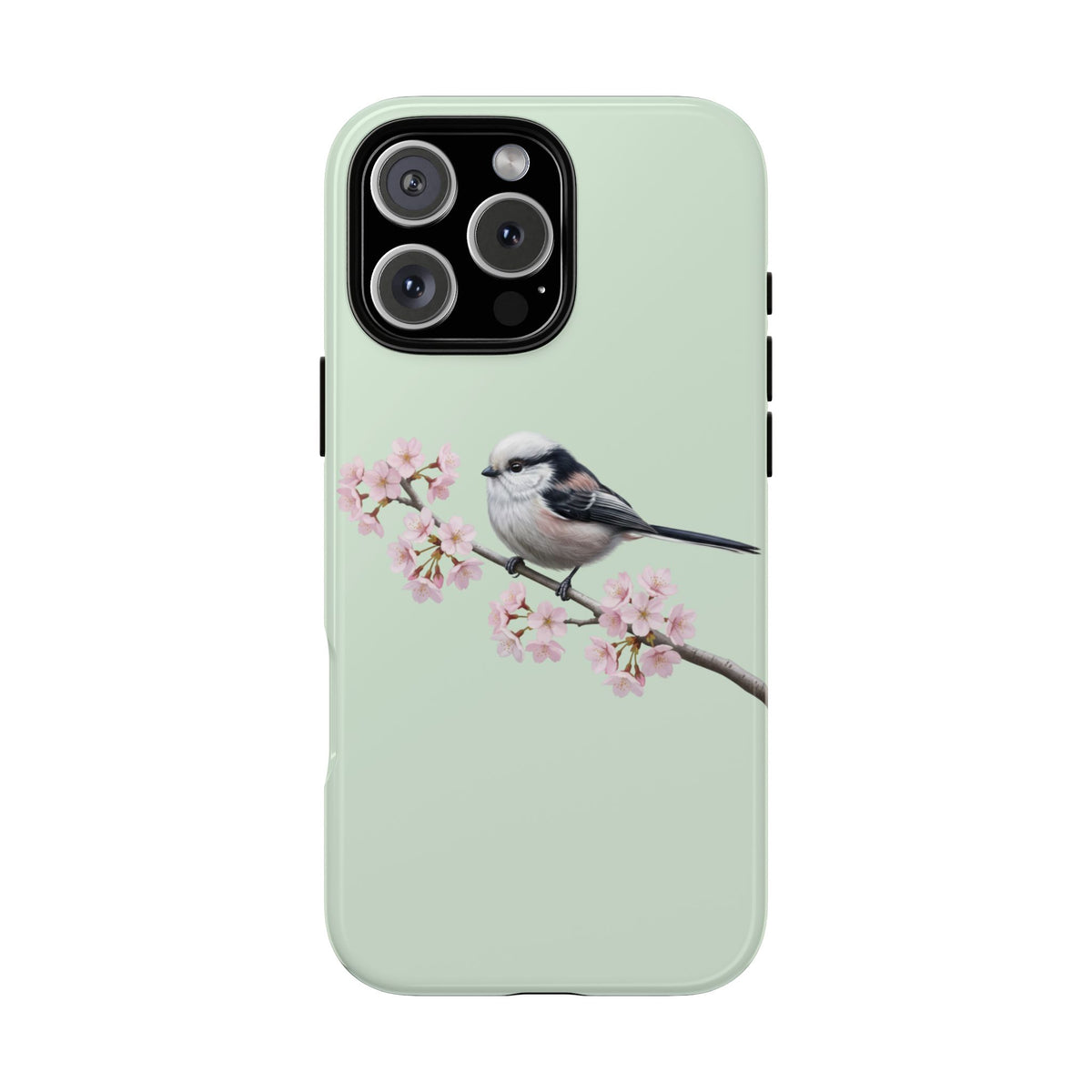 Funda para móvil de carbonero común en verde salvia | Motivo floral de pájaro y flores de cerezo para iPhone y Google Pixel