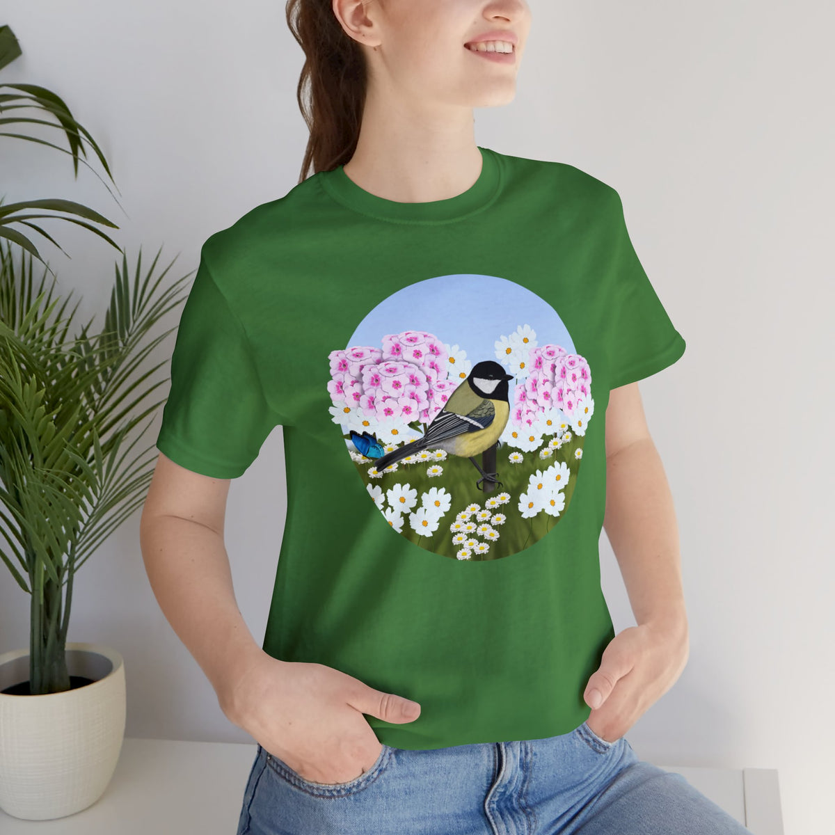 Chickadee and Summer Flowers Bird Tee