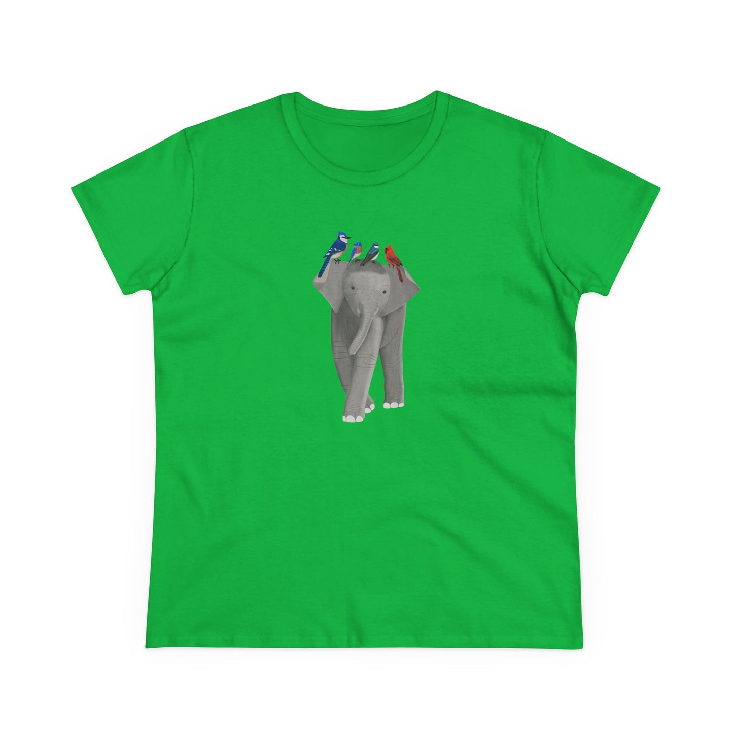 Elephant with Birds Blue Jay Cardinal Bluebird Design for Birdwatchers and Bird Lovers Women's T-Shirt