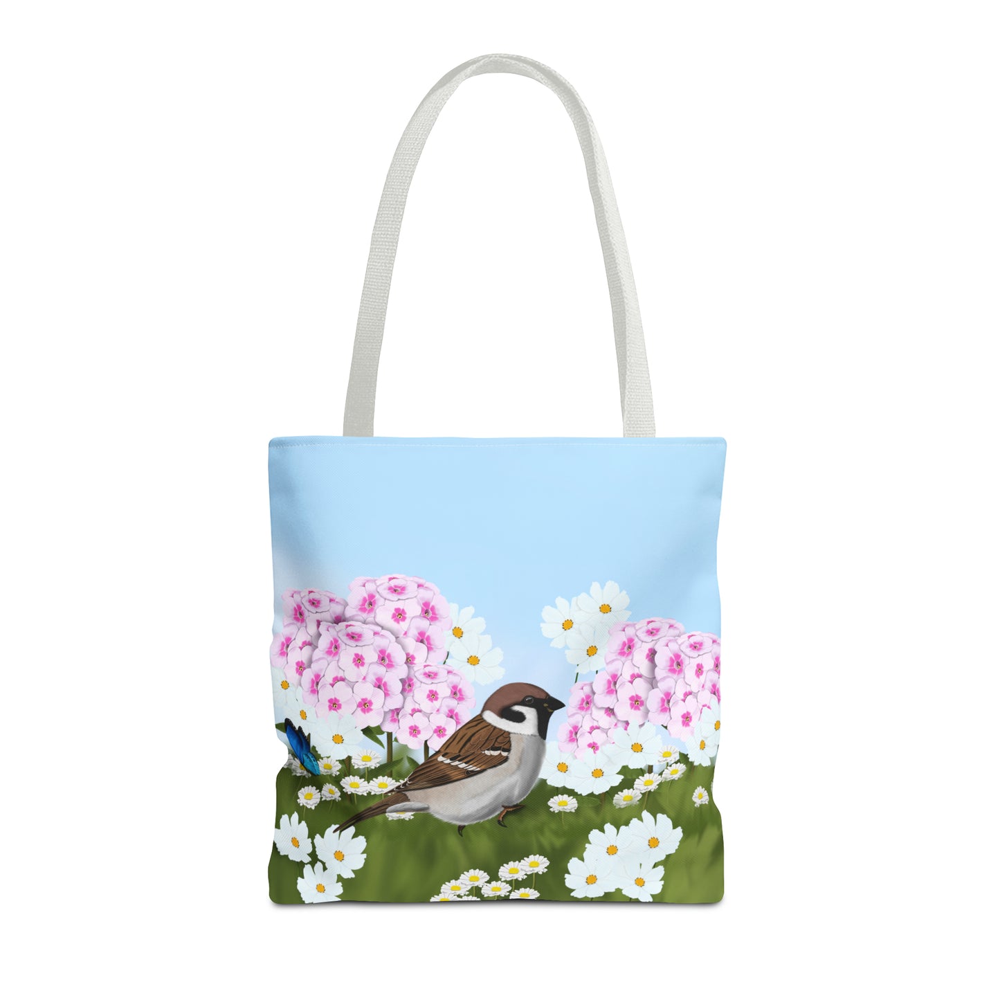 Tree Sparrow in Summer Flowers Bird Tote Bag 16"x16" - jz.birds
