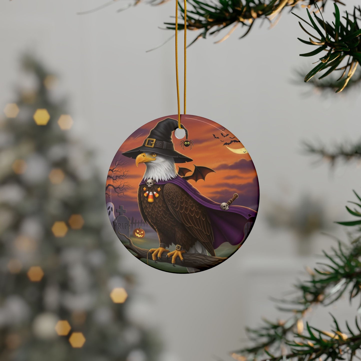 Bald Eagle Ceramic Bird Halloween Ornament | Double-Sided Spooky Decor