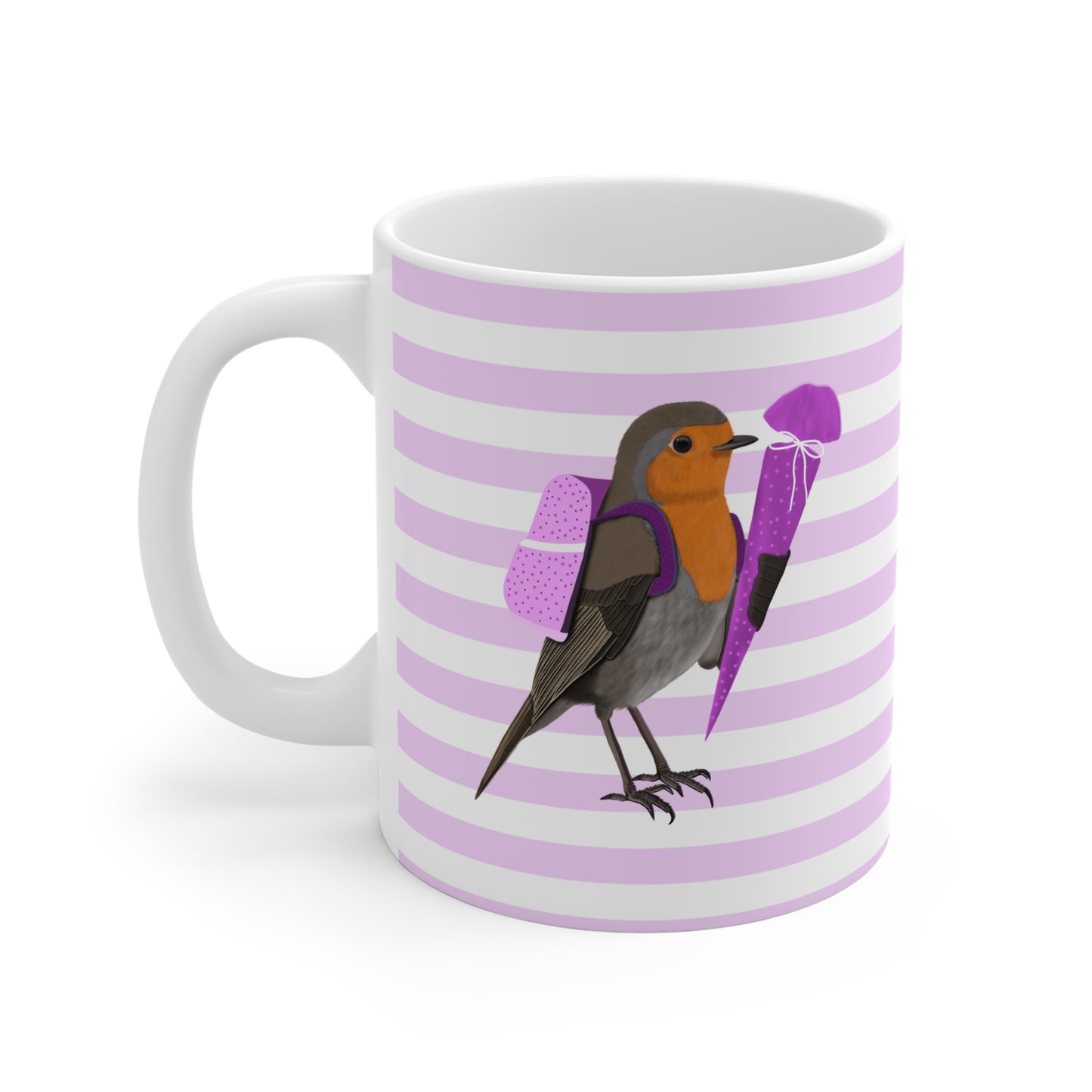 Rotkehlchen Vogel Tasse als Geschenk zur Einschulung Rosa Weiß