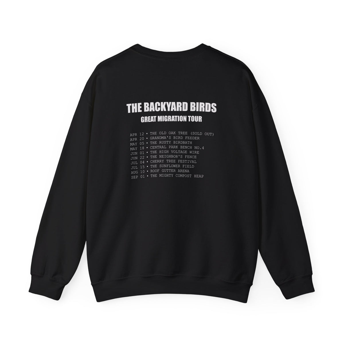 The Backyard Birds Great Migration Tour Sweatshirt – Double Sided with Dates on Back – Funny Rock Band Merch Gift – Animal Lover Avian Enthusiast