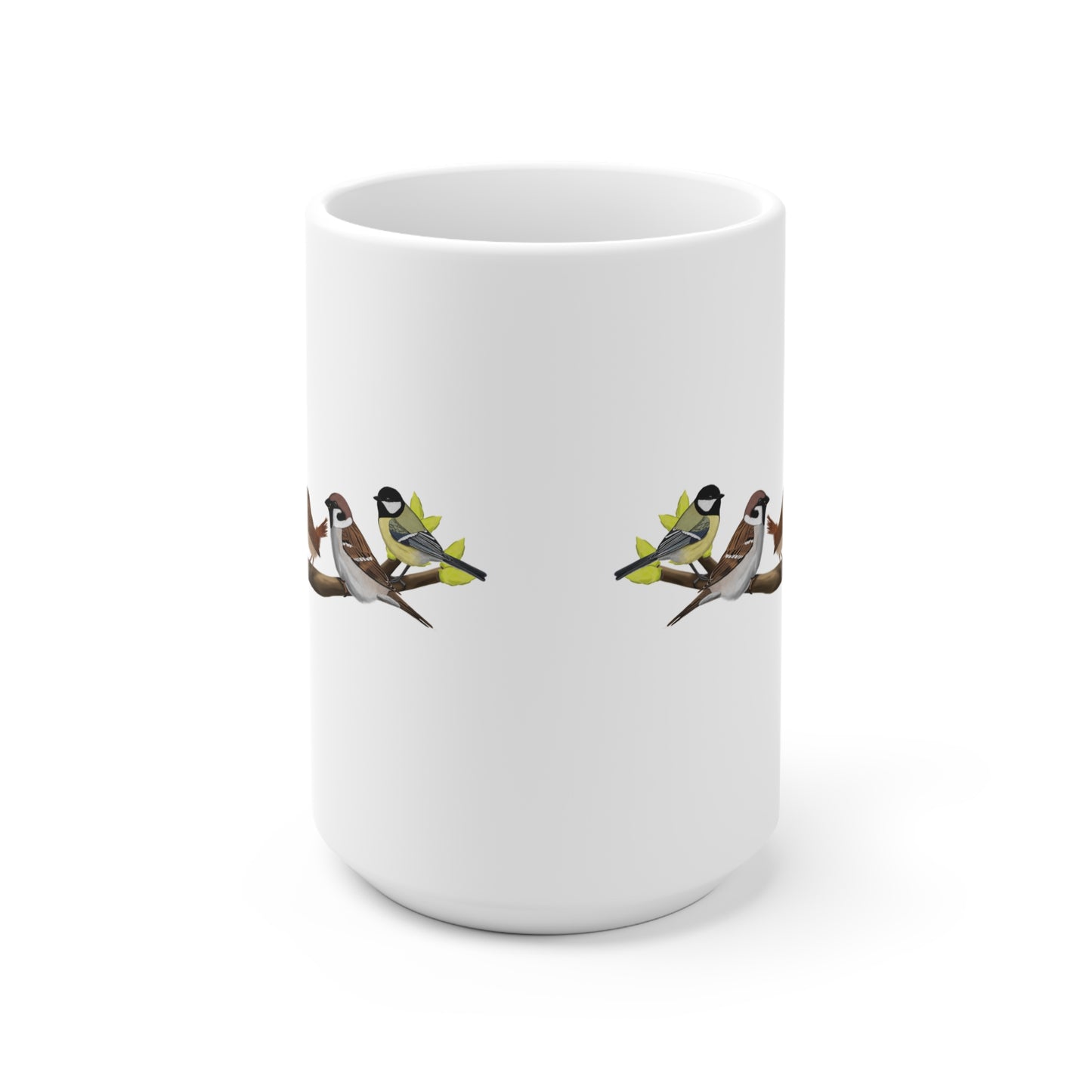 Vögel auf einem Ast Tasse Amsel Rotkehlchen Blaumeise Zaunkönig Spatz Kohlmeise Weiß