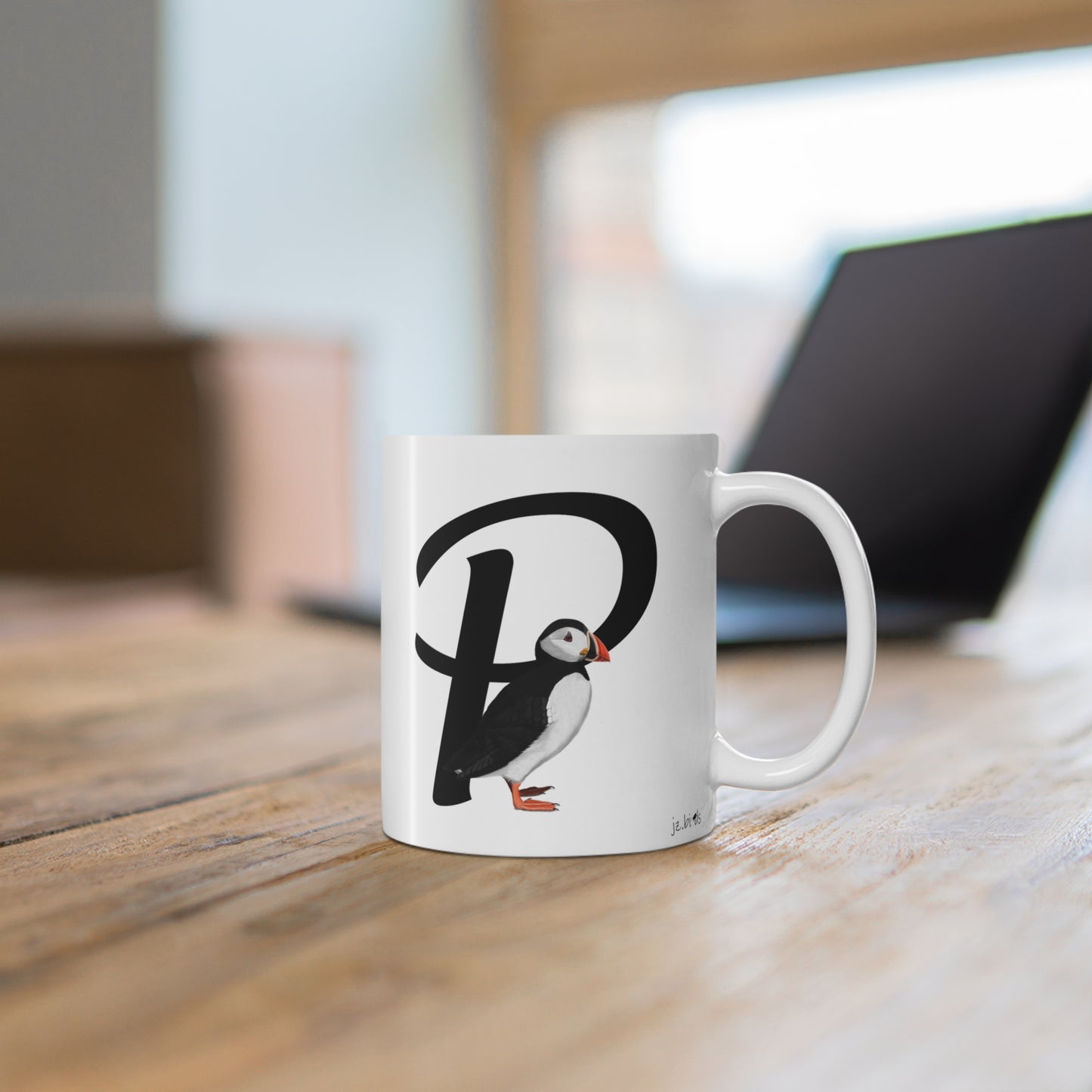 Puffin Letter P Bird Ceramic Mug 11oz White