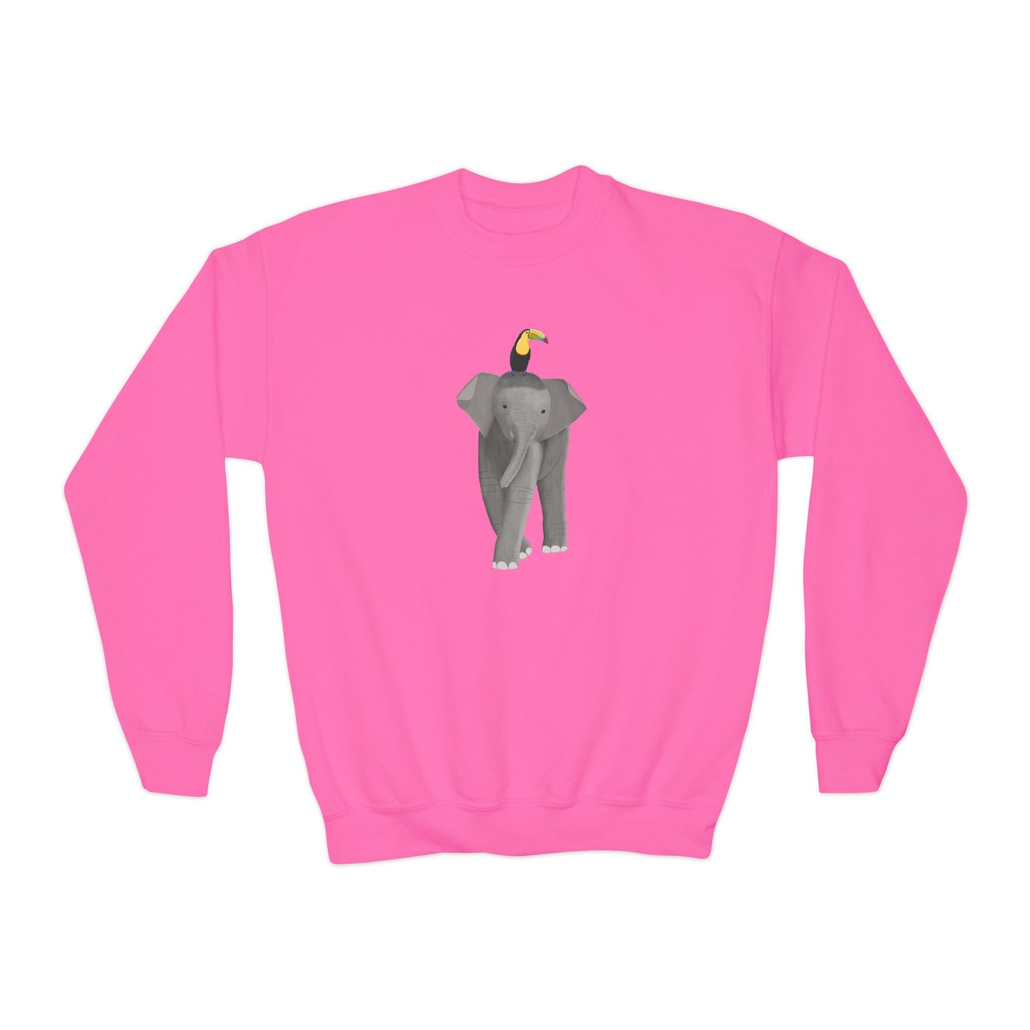Elephant with Keel Billed Toucan Bird Youth Crewneck Sweatshirt
