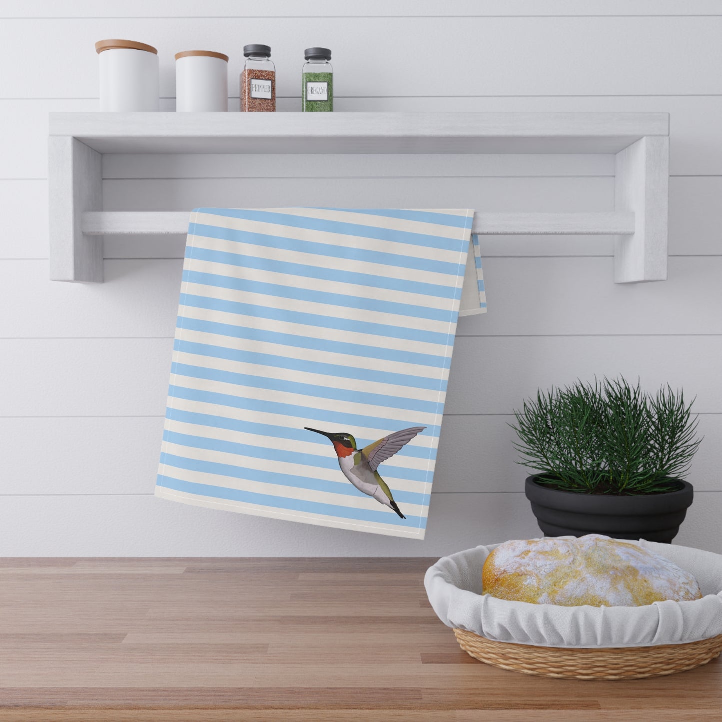 Hummingbird Bird Art Kitchen Towel Blue White 18" × 30"