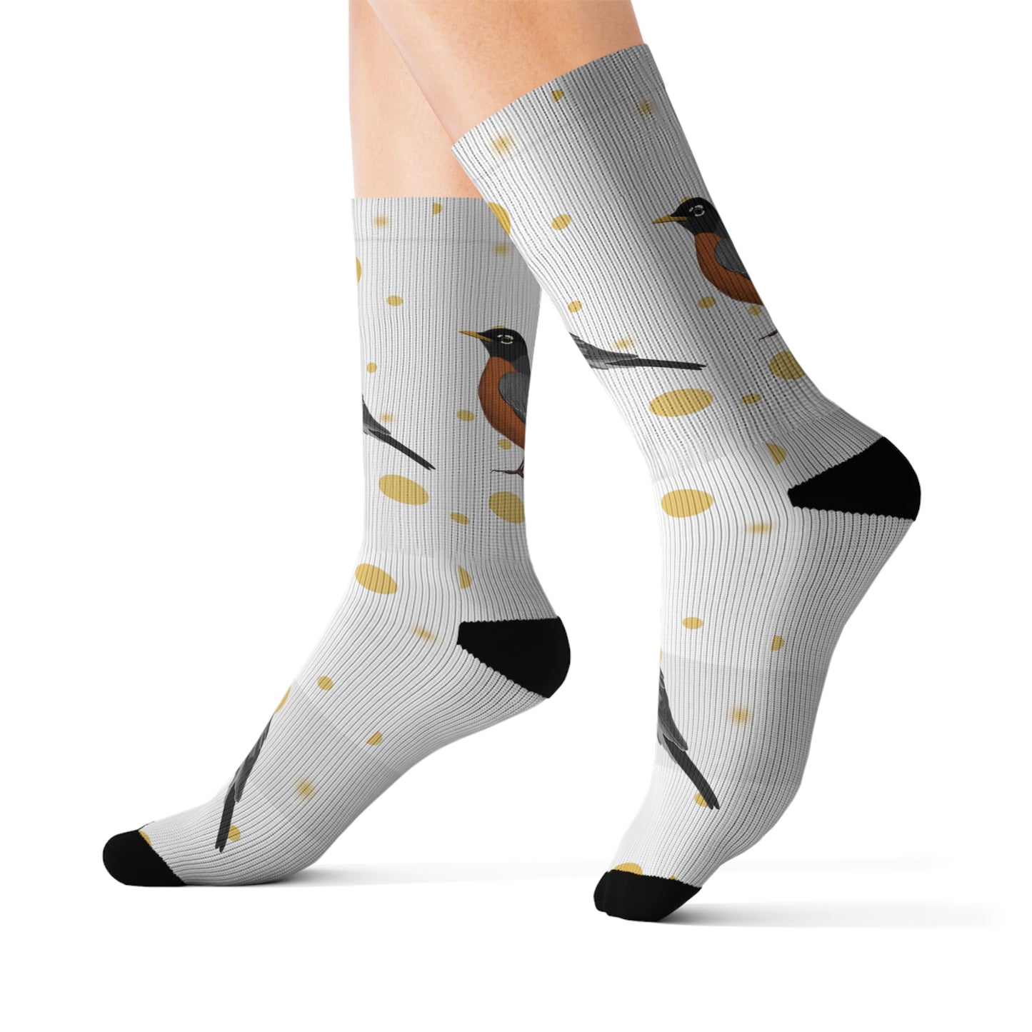 Robin Bird Art Socks White and Golden Dots
